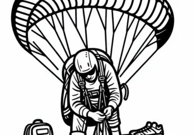 Paragliding Sportler überprüft Ausrüstung vor dem Start – Ausmalbild kostenlos