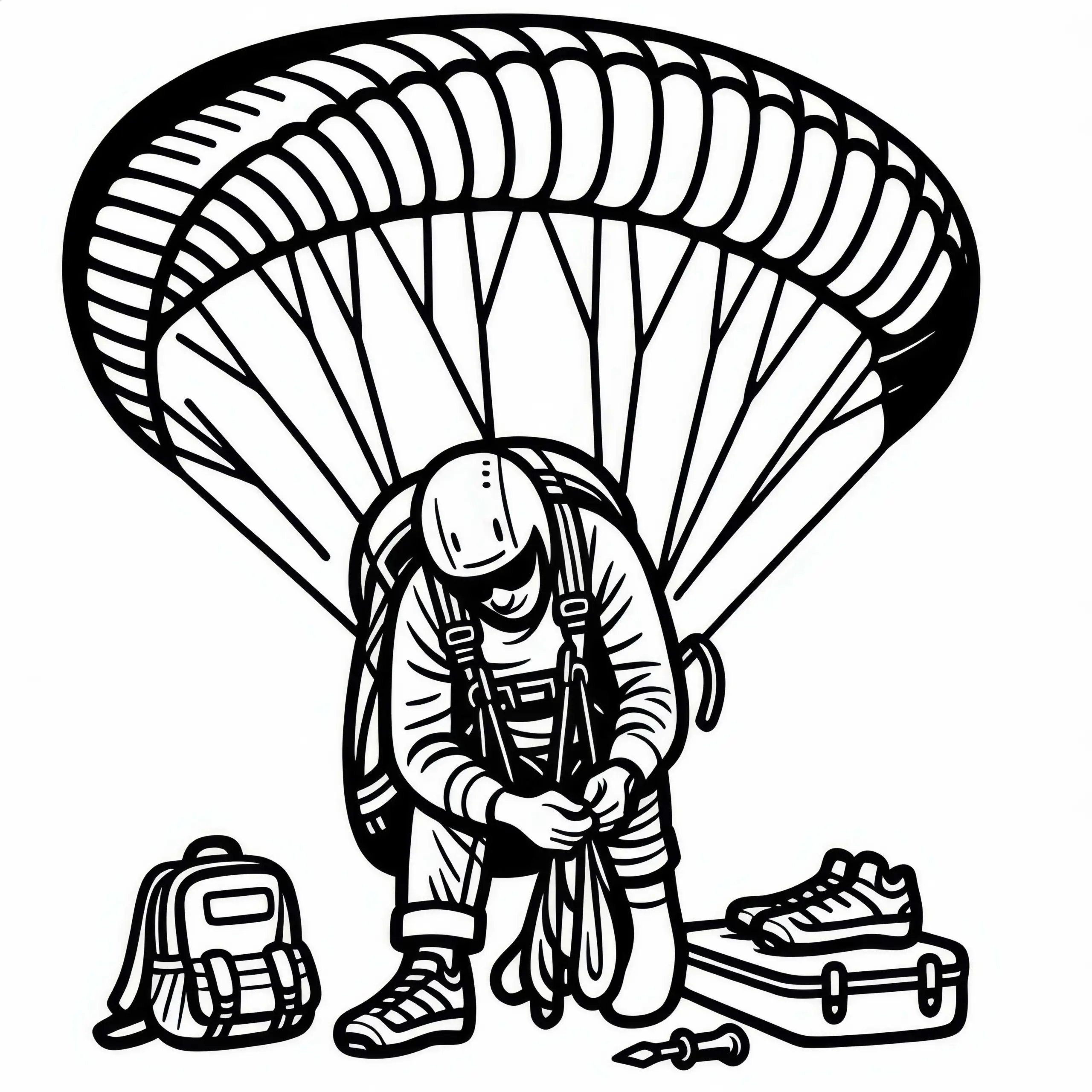 Paragliding Sportler überprüft Ausrüstung vor dem Start – Ausmalbild kostenlos