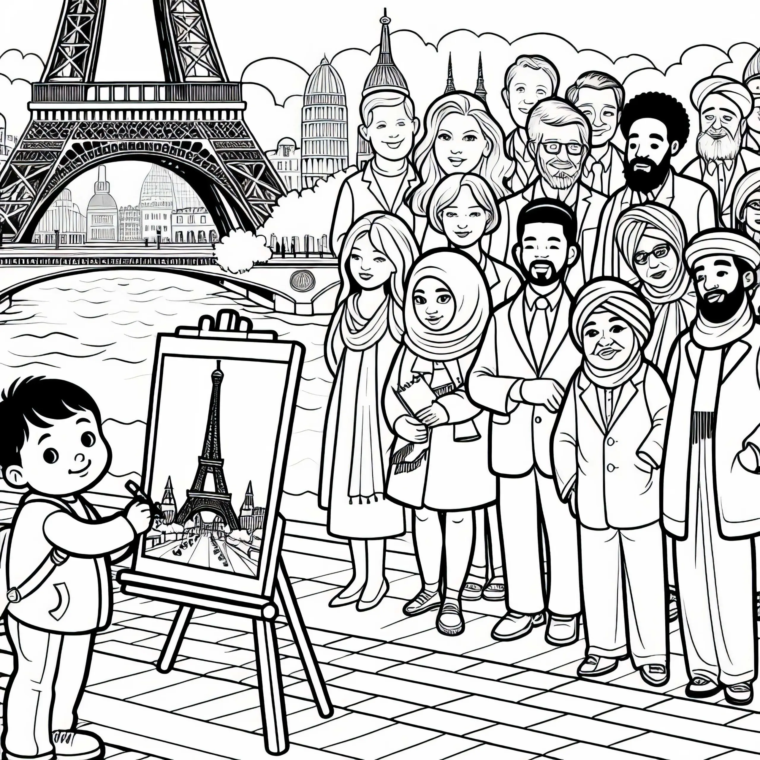Paris Kind malt Bild vom Eiffelturm – Malvorlage kostenlos (Ausmalbild)