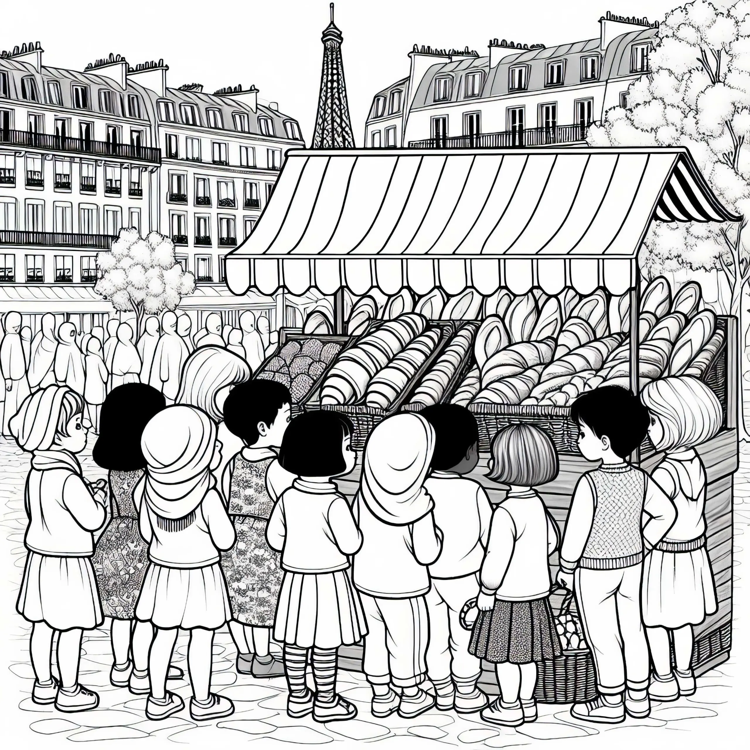 Paris Marktstand mit Croissants und Baguettes – Ausmalbild Kostenlos
