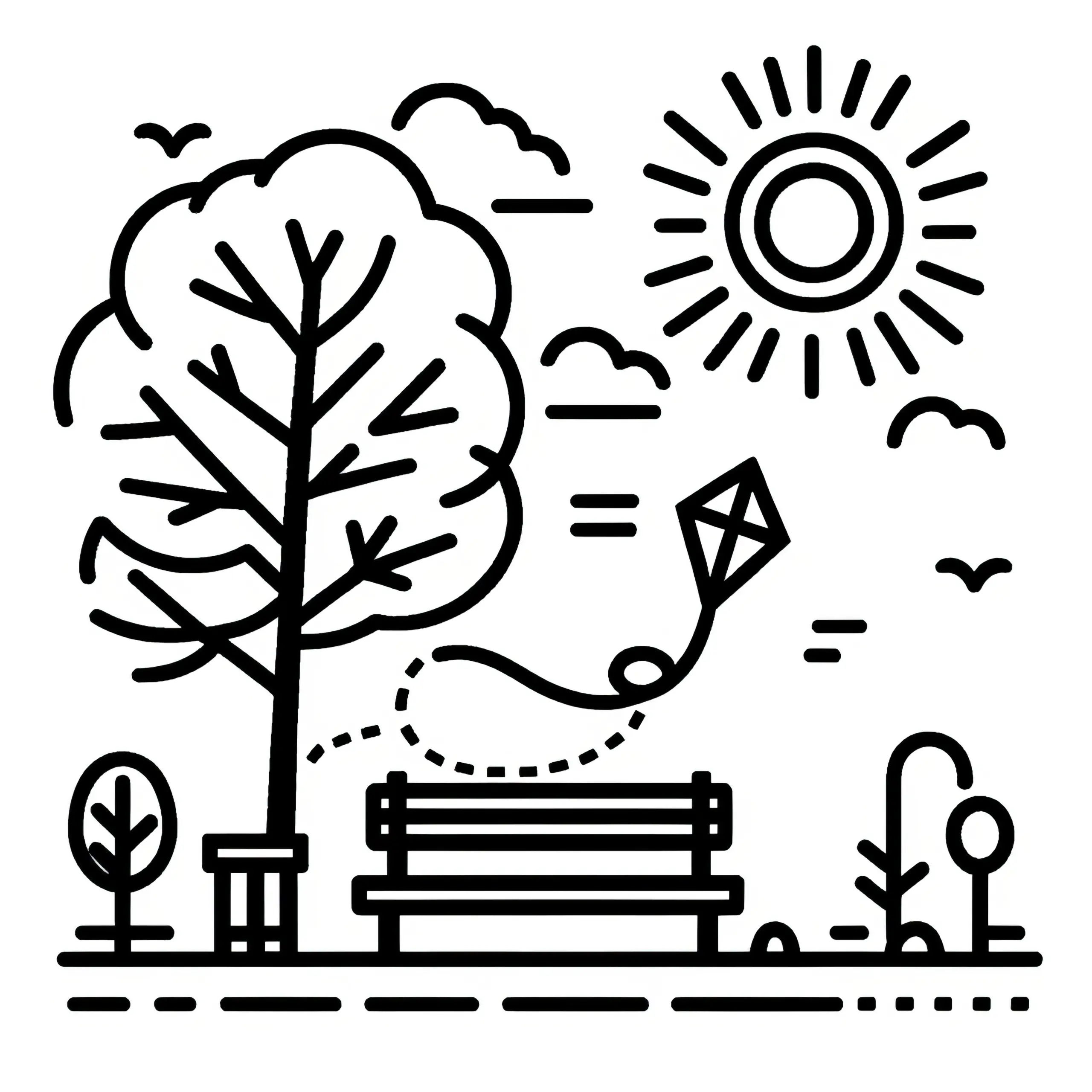 Ein Park im Herbst mit Drachen: Einfaches Ausmalbild für Kinder (Kostenlos)