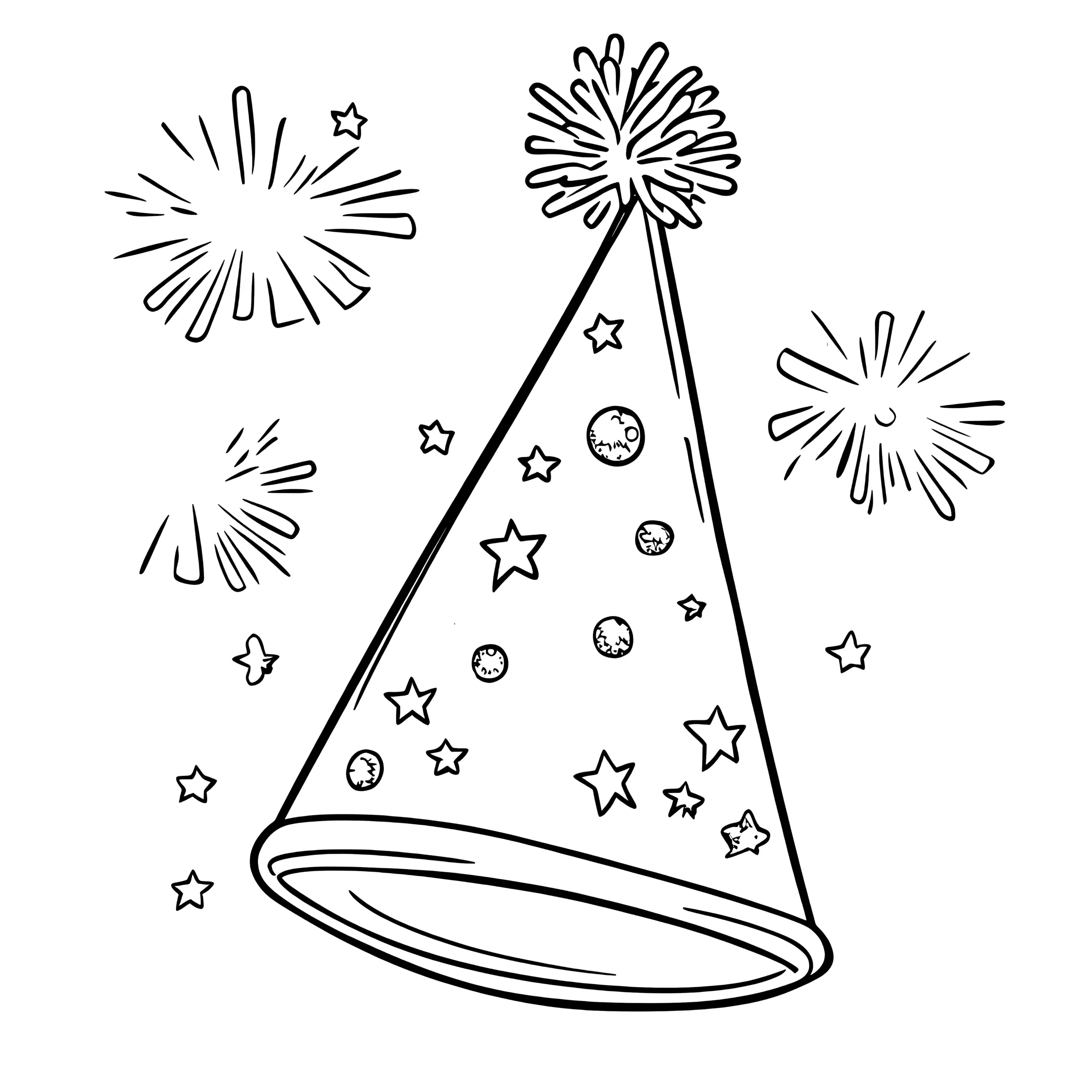 Partyhut und Feuerwerk: Silvester-Ausmalbild gratis