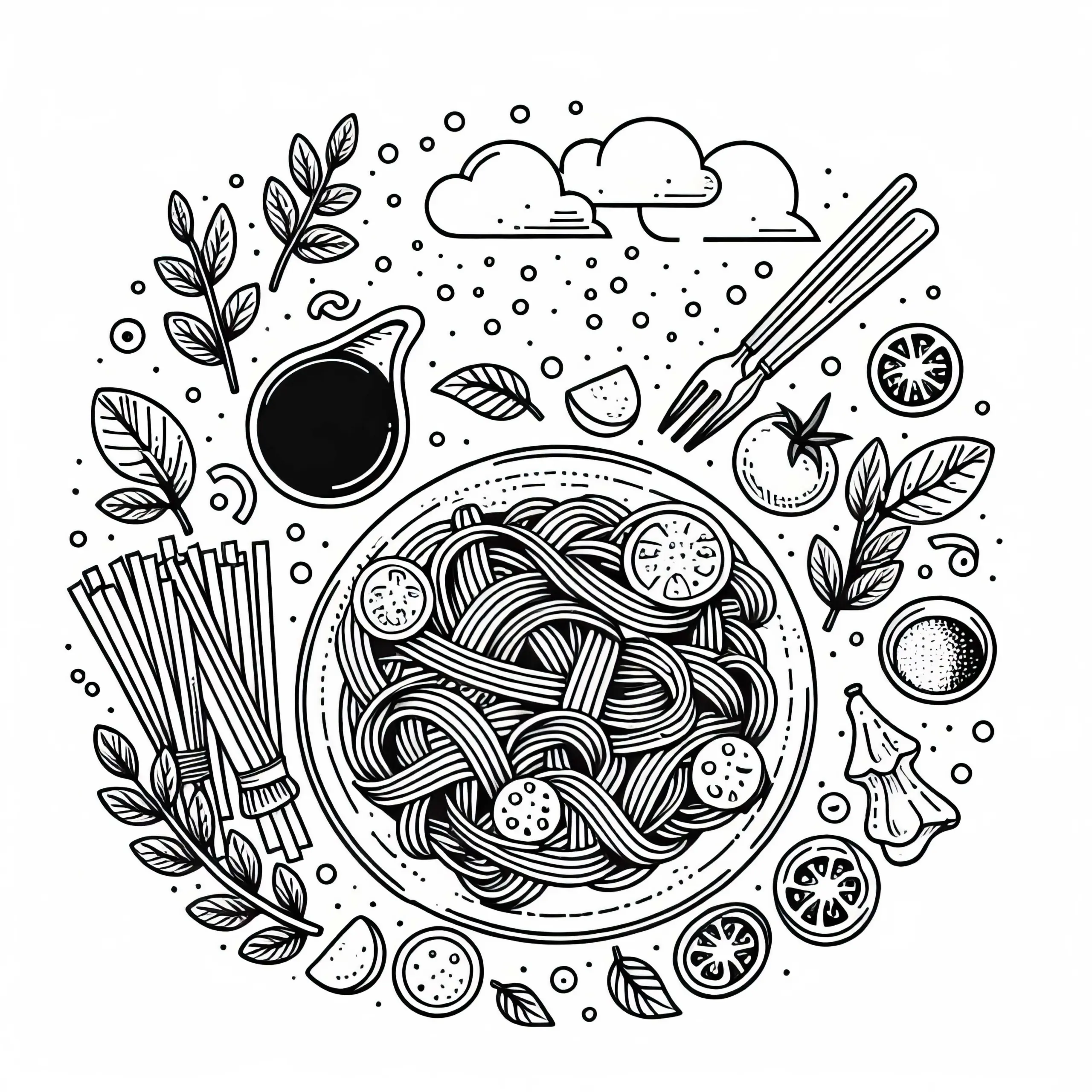 Ausmalbild von Pasta als Hauptgericht – Kostenlos herunterladen
