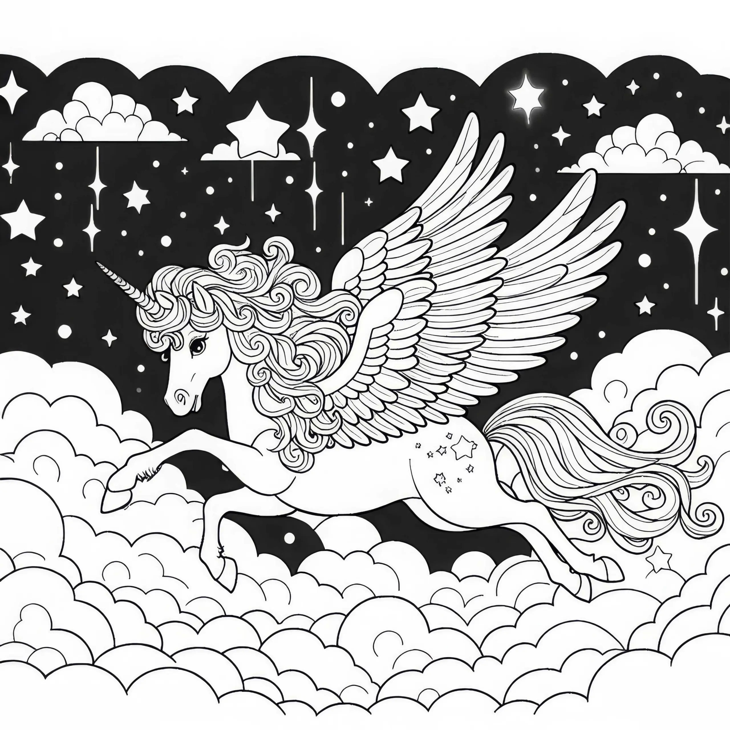 Pegasus mit ausgebreiteten Flügeln gleitet durch den Himmel: Einfache Malvorlage (Kostenlos) (Ausmalbild)