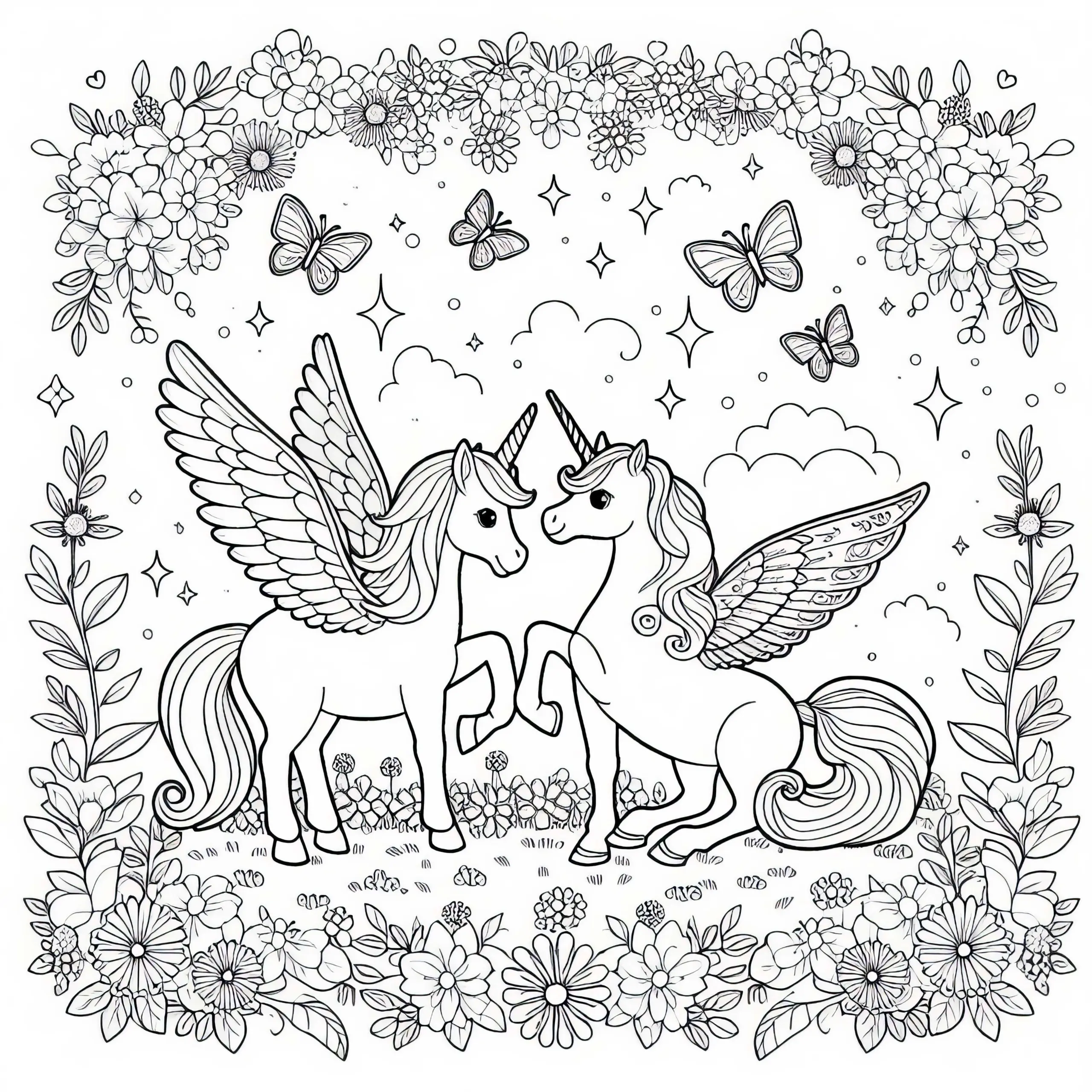 Pegasus und Einhorn stehen einander auf blühender Wiese gegenüber: Malvorlage zum Download (Kostenlos) (Ausmalbild)