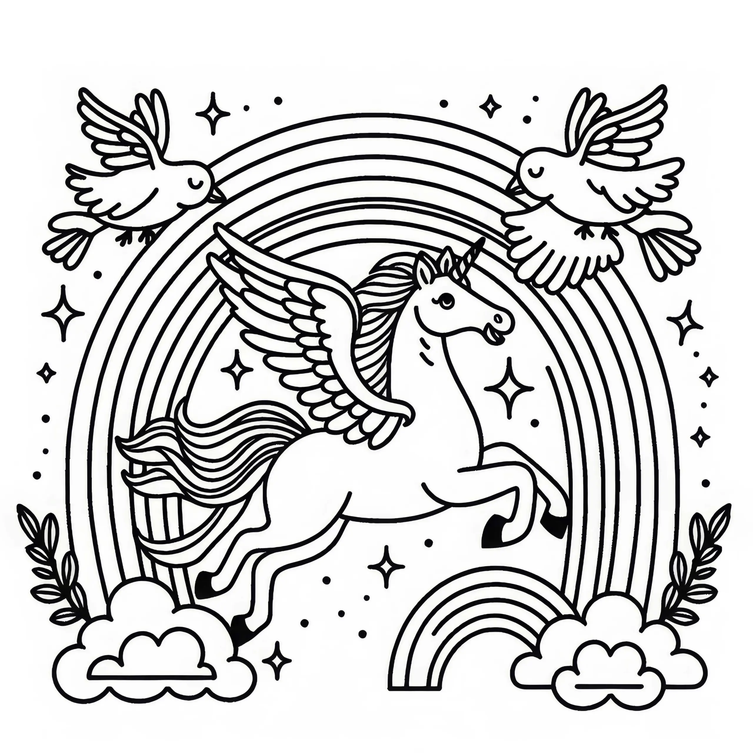 Pegasus fliegt durch den Regenbogen, während Vögel ihn begleiten: Ausmalbild zum Download (Kostenlos)