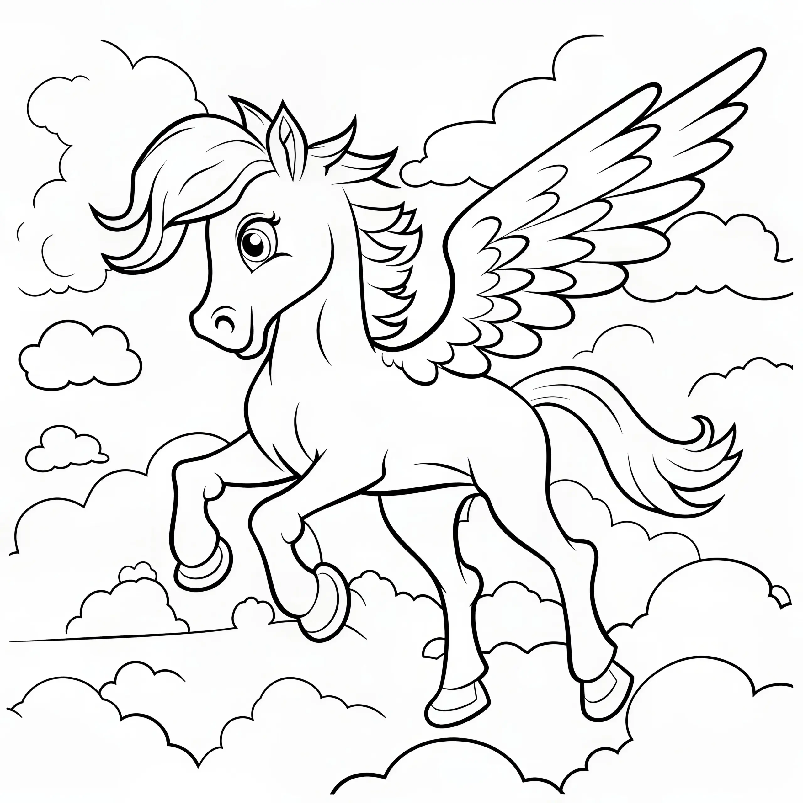 Pegasus fliegt über Wolken: Ausmalbild zum Download (Kostenlos)