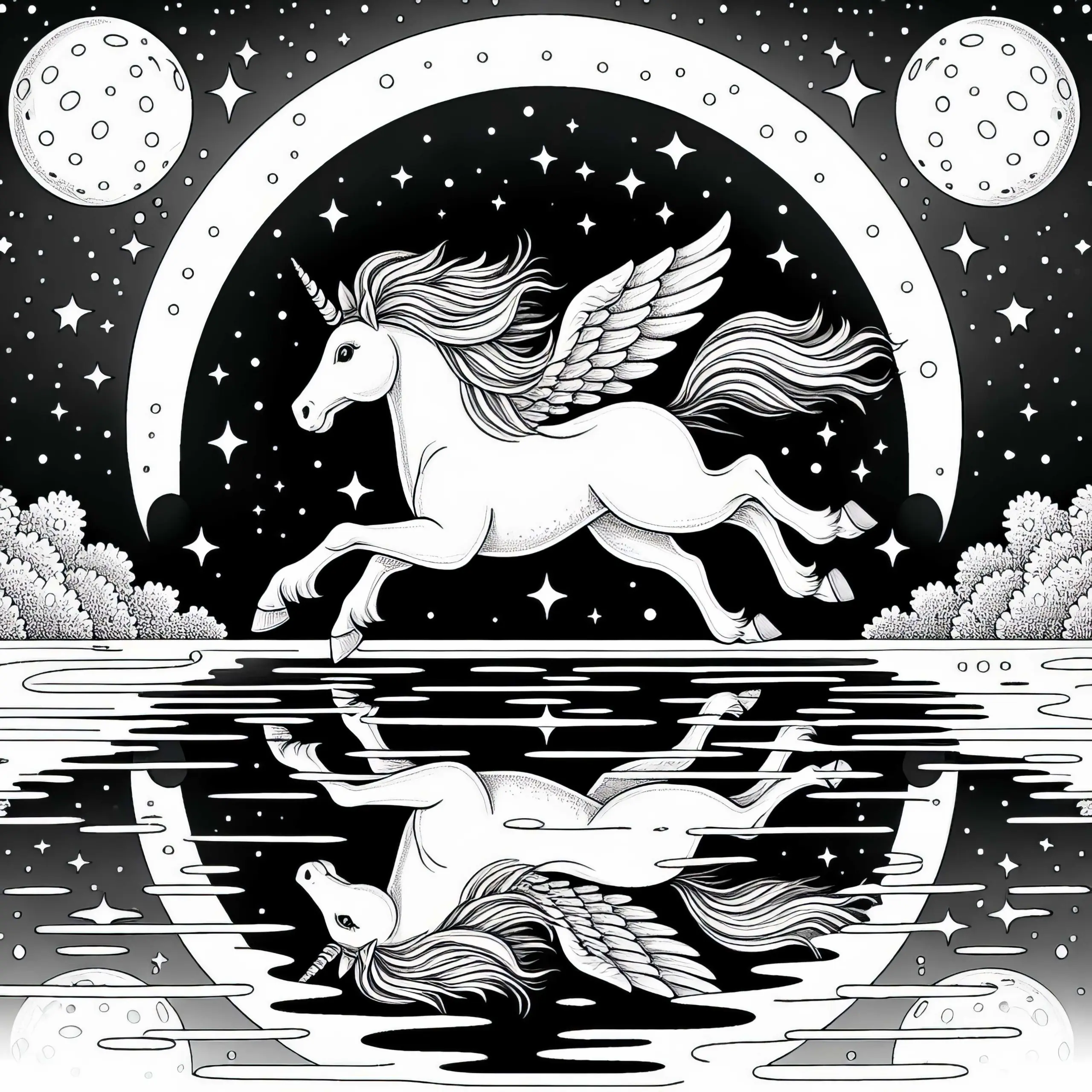 Pegasus galoppiert über eine spiegelnde Wasserfläche: Einfache Malvorlage (Kostenlos) (Ausmalbild)