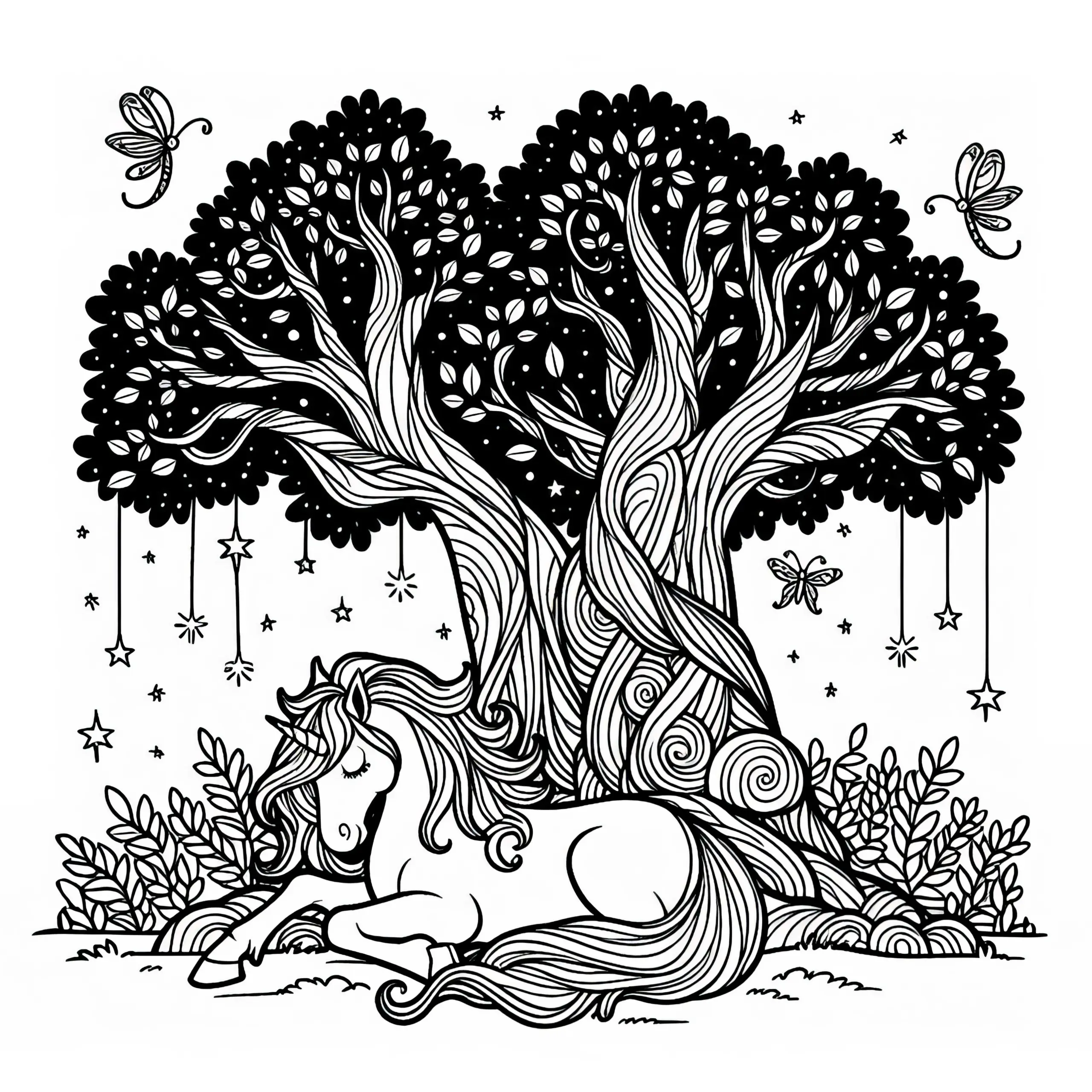 Pegasus ruht sich unter altem Baum aus: Einfaches Ausmalbild (Kostenlos)
