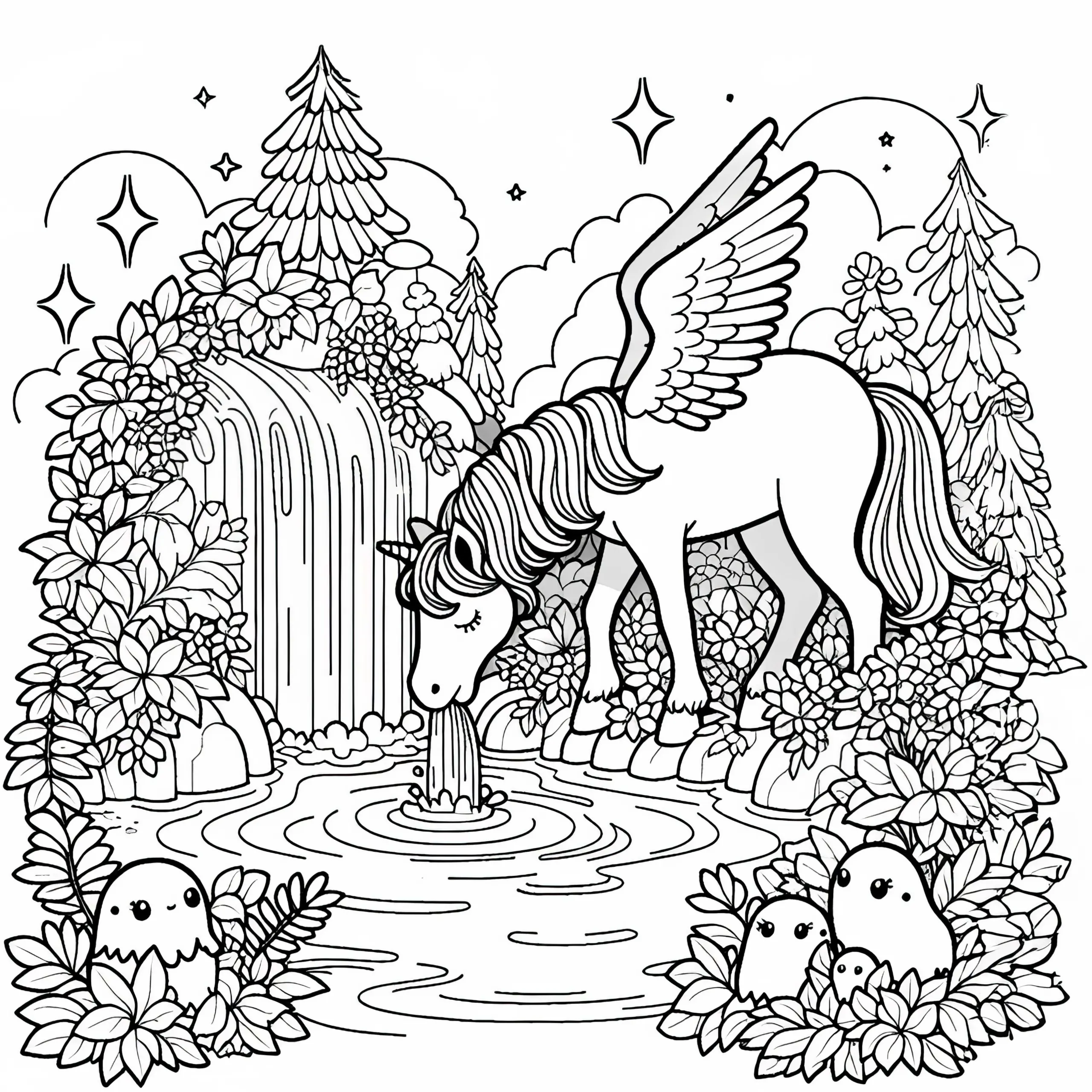 Pegasus trinkt vor Wasserfall, magische Wesen schauen aus dem Gebüsch: Kostenloses Ausmalbild