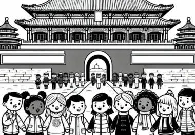 Peking Kinder Stehen vor Tor zur Verbotenen Stadt Ausmalbild Kostenlos