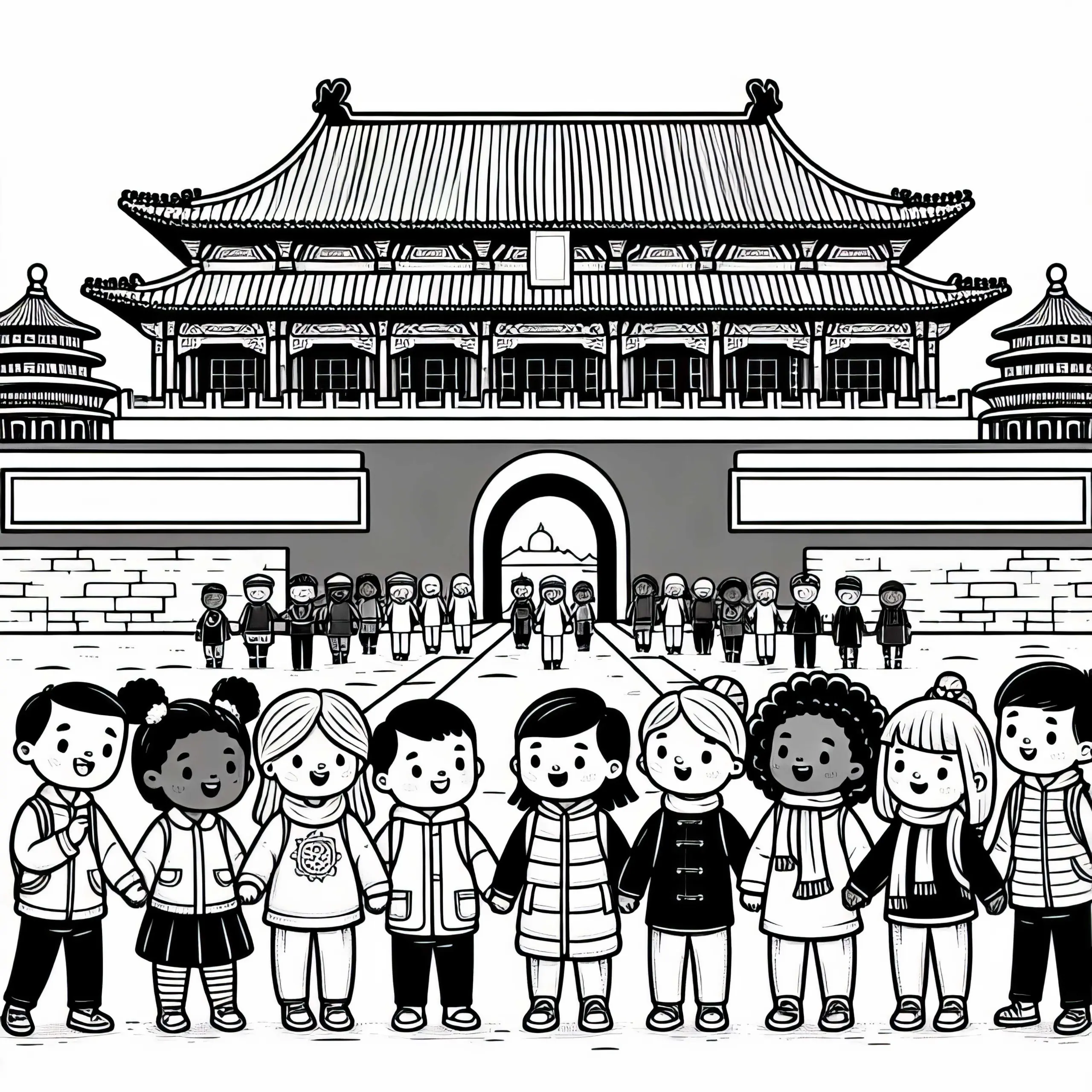 Peking Kinder Stehen vor Tor zur Verbotenen Stadt Ausmalbild Kostenlos