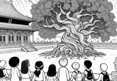 Ruhiger Hof mit altem Baum in Peking – Ausmalbild gratis