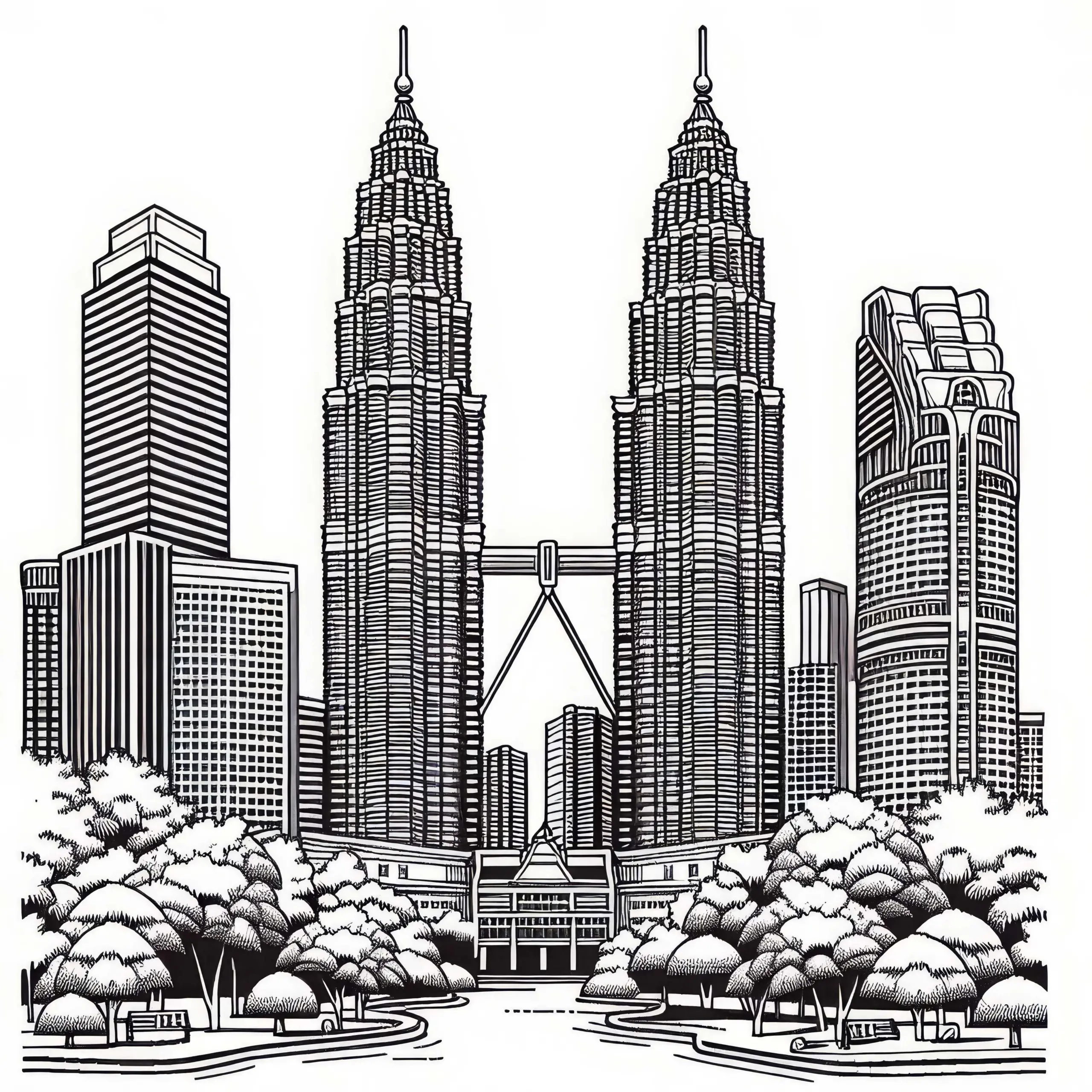 Petronas Towers Malaysia mit Park Malvorlage Asien Kostenlos (Ausmalbild)