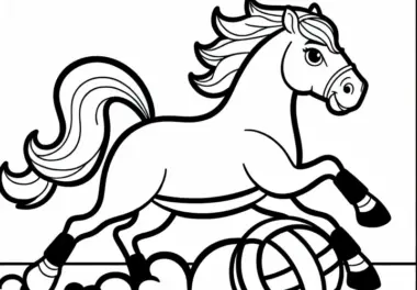 Pferd galoppiert über Horseball-Spielfeld – Ausmalbild einfach und gratis