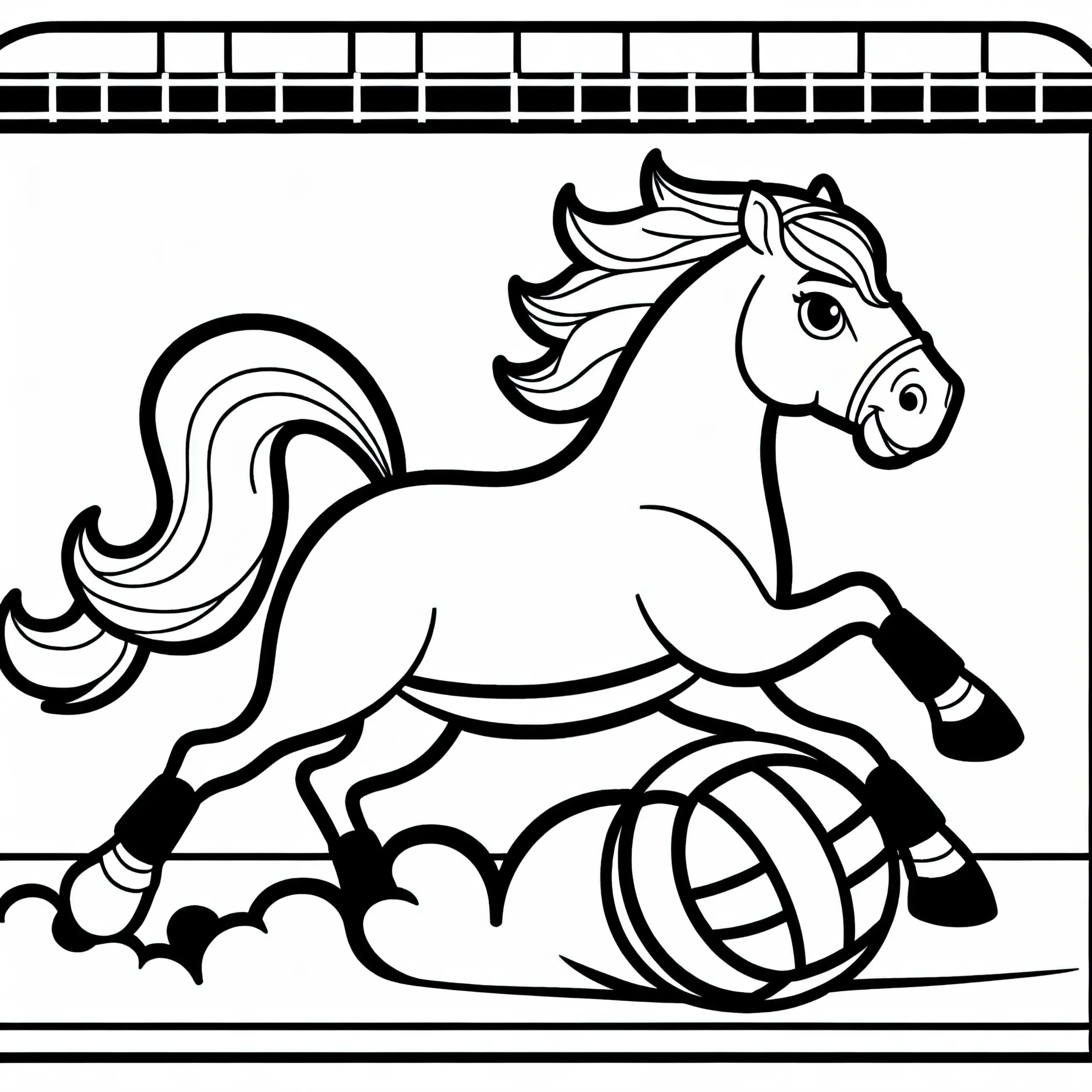 Pferd galoppiert über Horseball-Spielfeld – Ausmalbild einfach und gratis