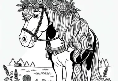 Pferd mit Blumenkranz im Haar – Ausmalbild kostenlos