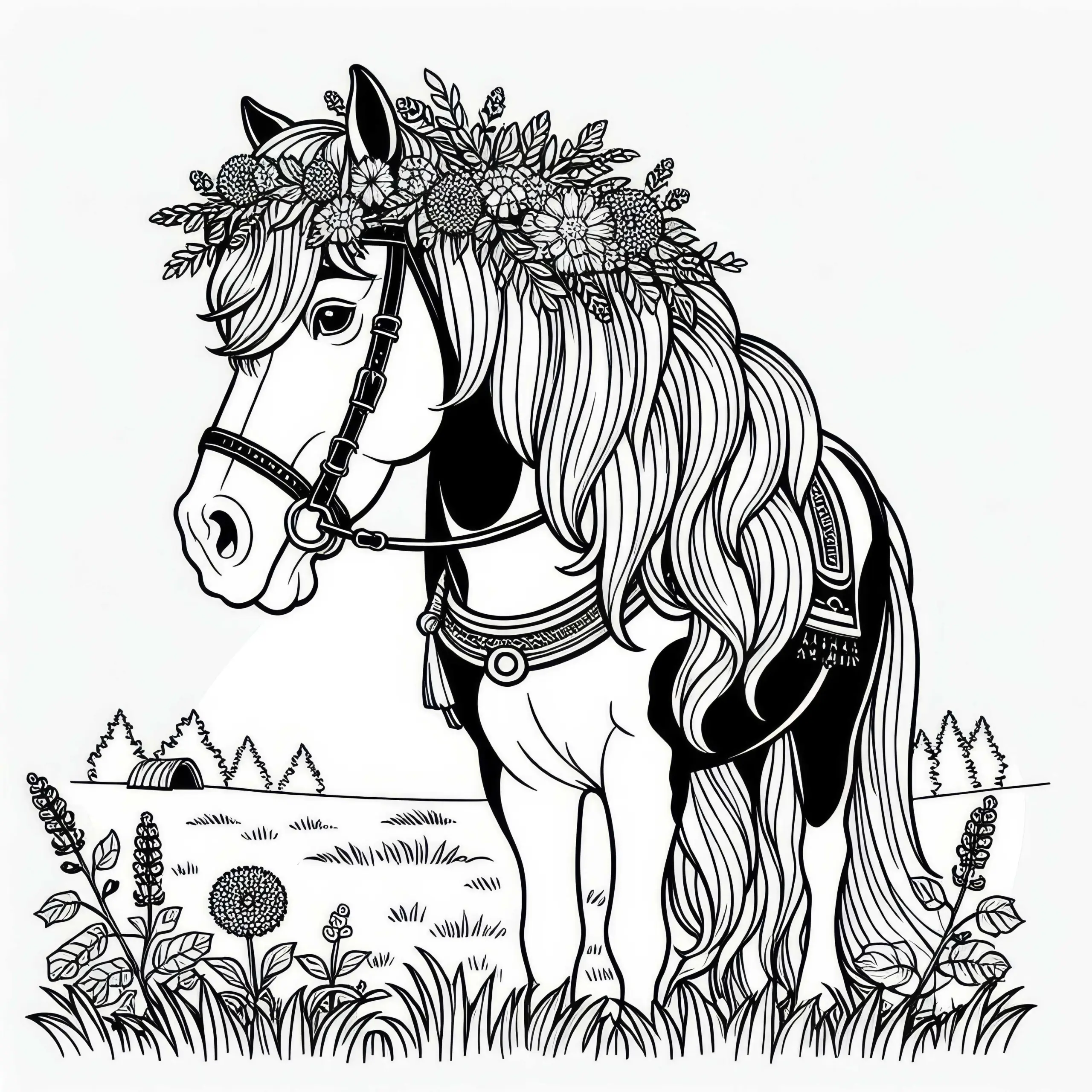 Pferd mit Blumenkranz im Haar – Ausmalbild kostenlos