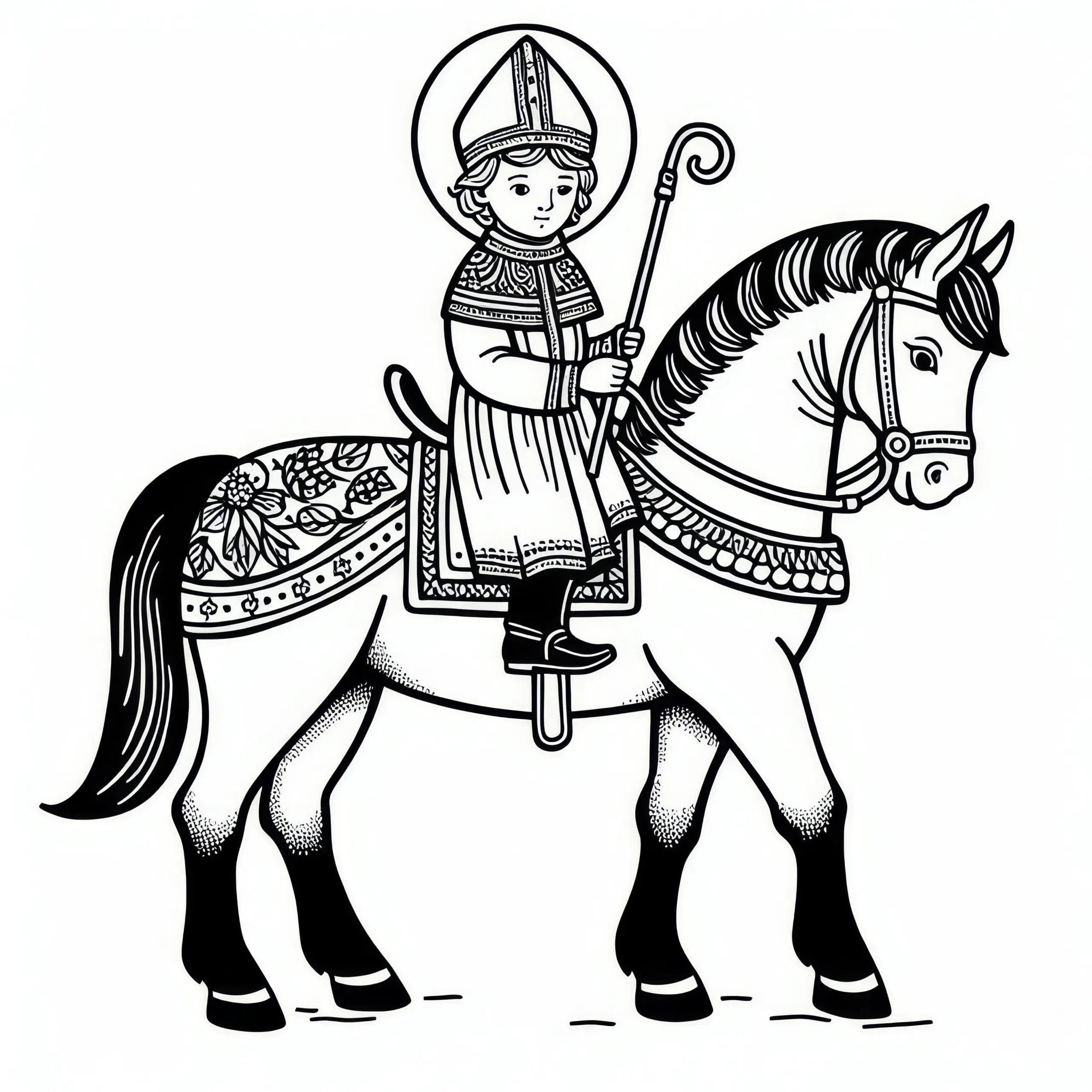 Pferd mit Sankt Martin und detailreichem Sattel als Ausmalbild (Gratis)