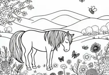 Pferd steht friedlich auf Frühlingswiese – Ausmalbild gratis