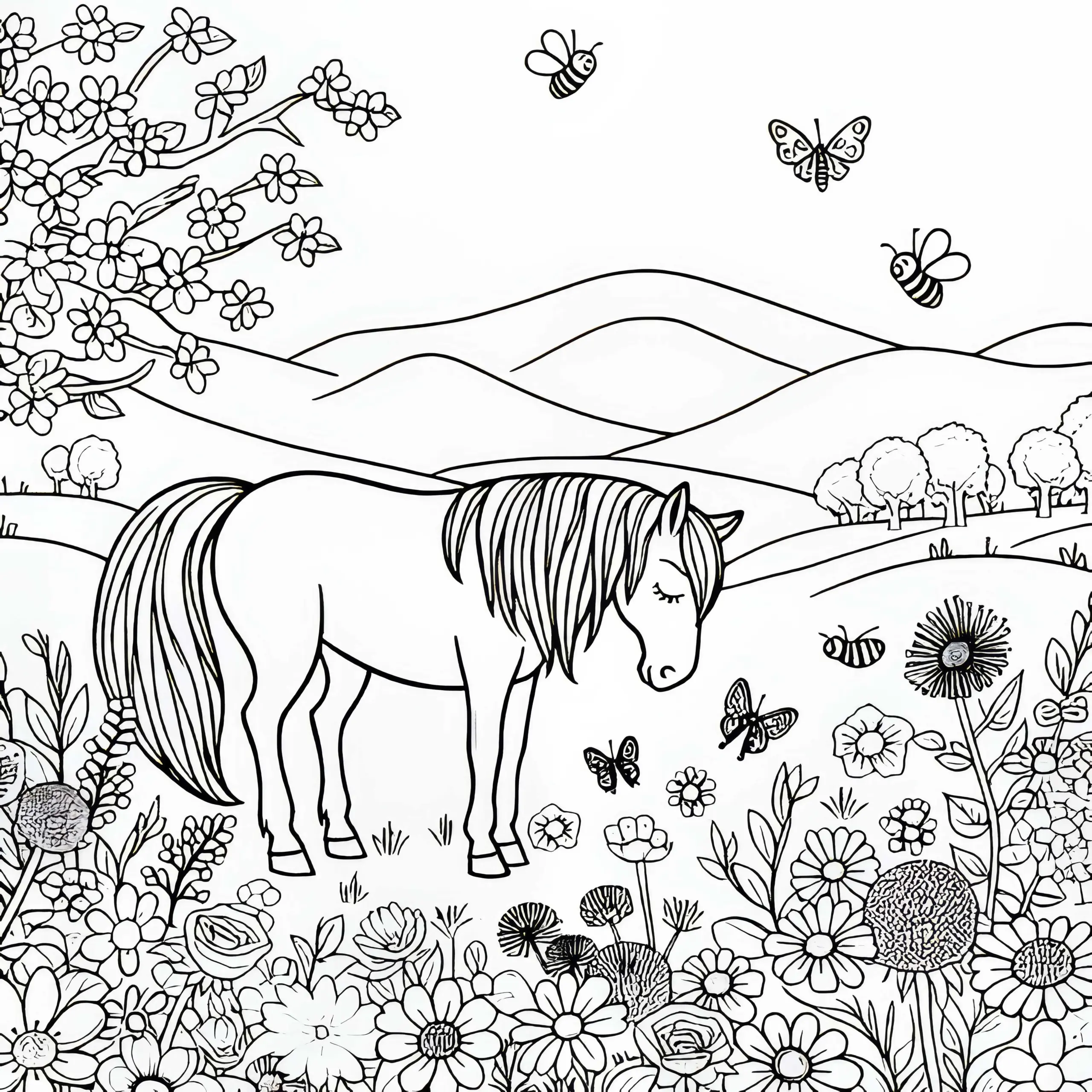 Pferd steht friedlich auf Frühlingswiese – Ausmalbild gratis