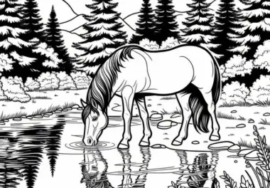Pferd trinkt aus Bach im Wald – Malvorlage gratis