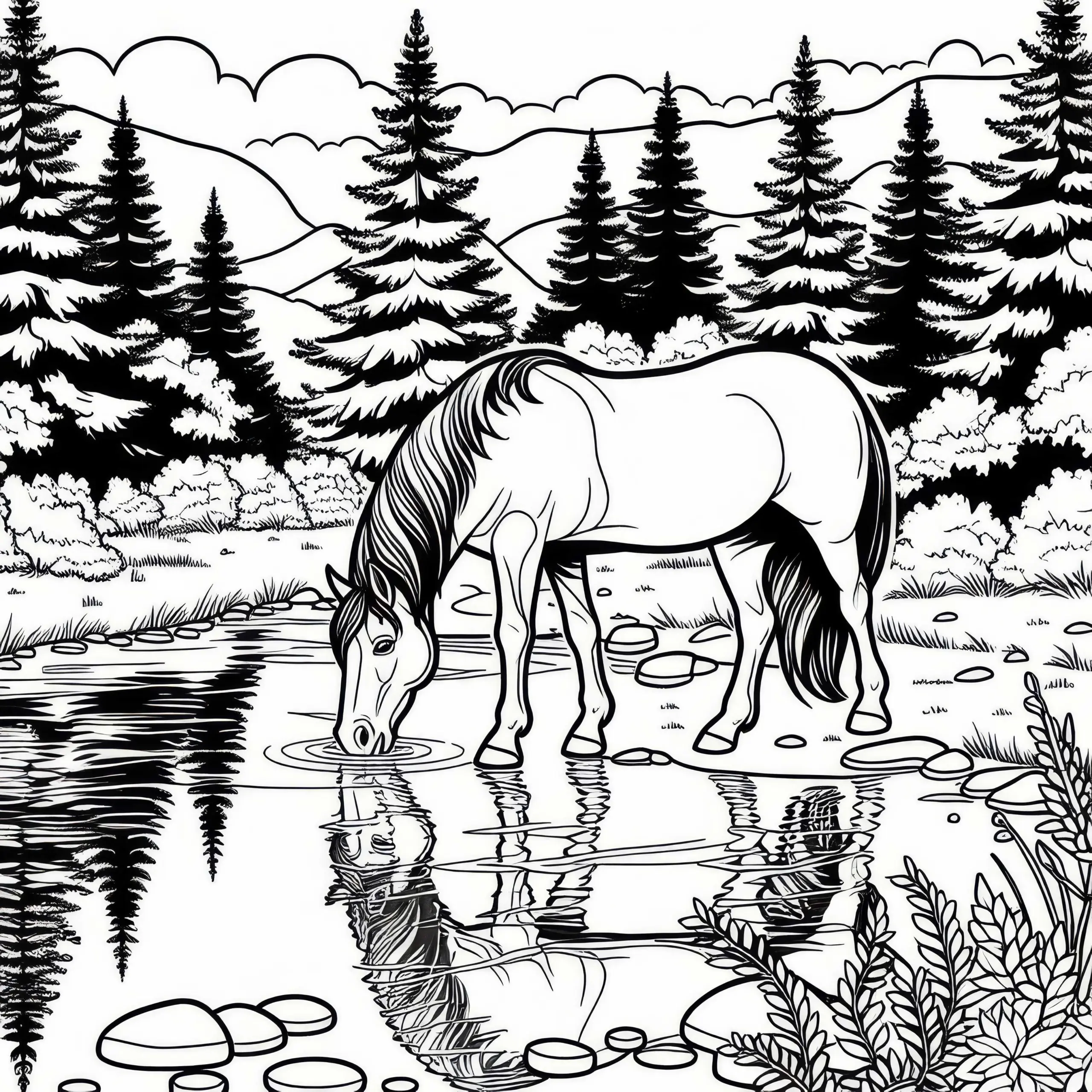 Pferd trinkt aus Bach im Wald – Malvorlage gratis (Ausmalbild)