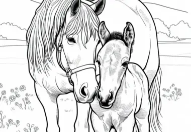 Pferd und Fohlen auf Koppel – Malvorlage Kostenlos
