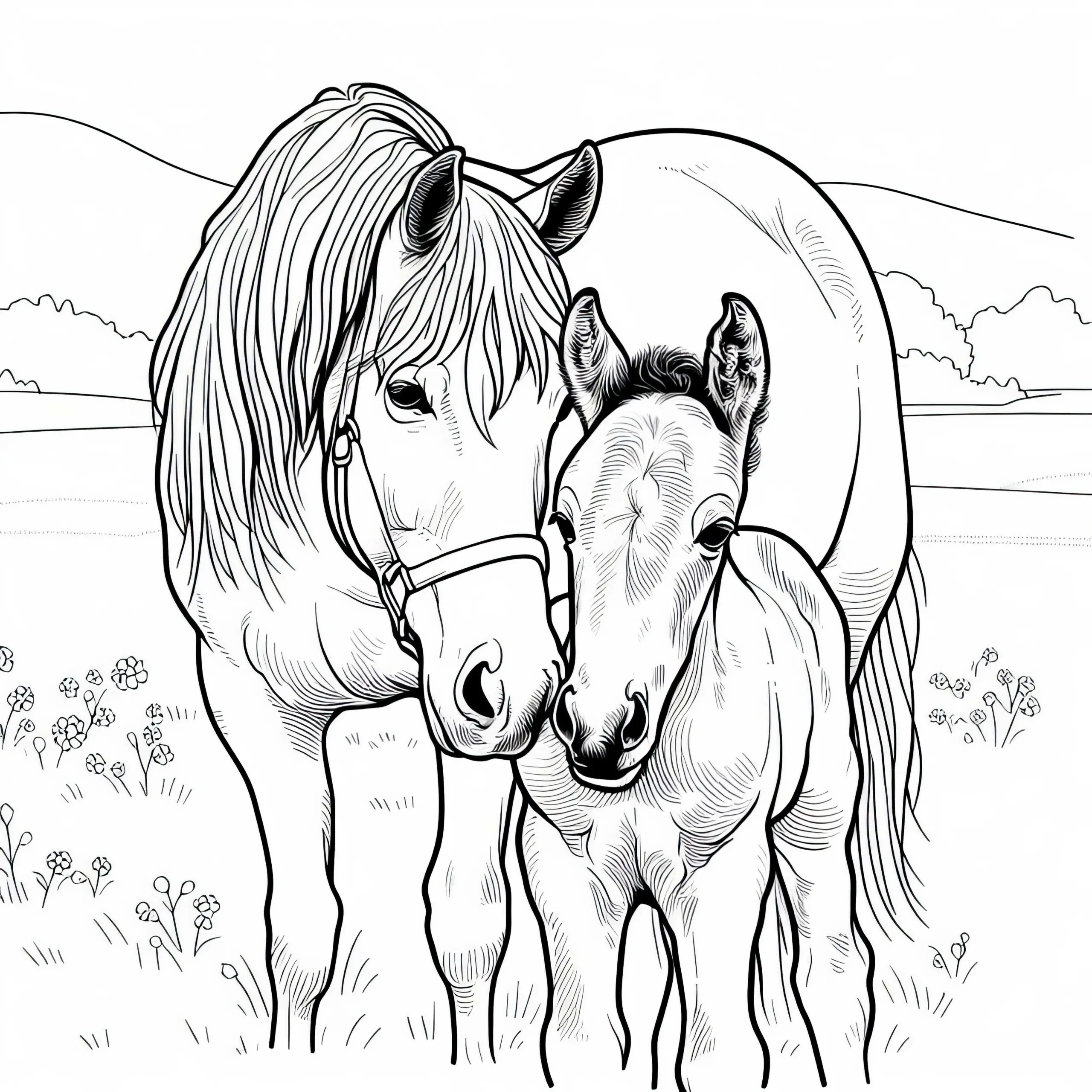 Pferd und Fohlen auf Koppel – Malvorlage Kostenlos (Ausmalbild)