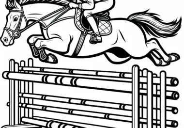 Pferd und Reiter springen beim Pferderennen über Hürde – Malvorlage kostenlos