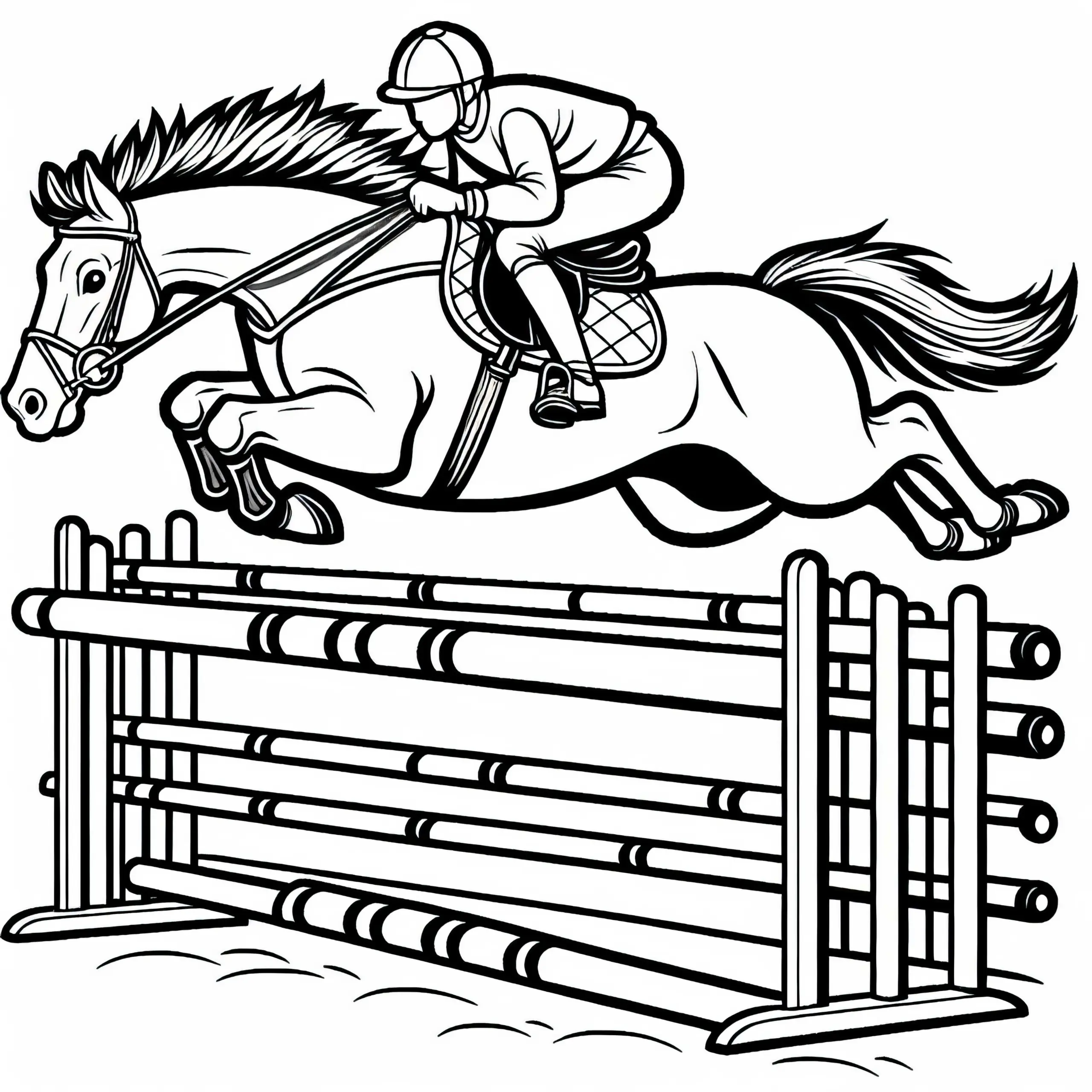 Pferd und Reiter springen beim Pferderennen über Hürde – Malvorlage kostenlos (Ausmalbild)