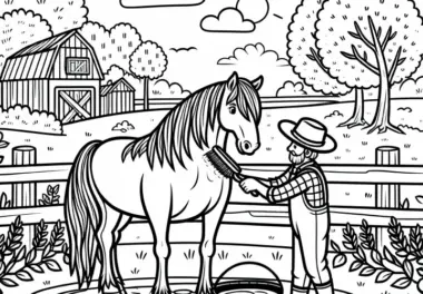 Pferd wird auf Bauernhof gestriegelt – Malvorlage kostenlos