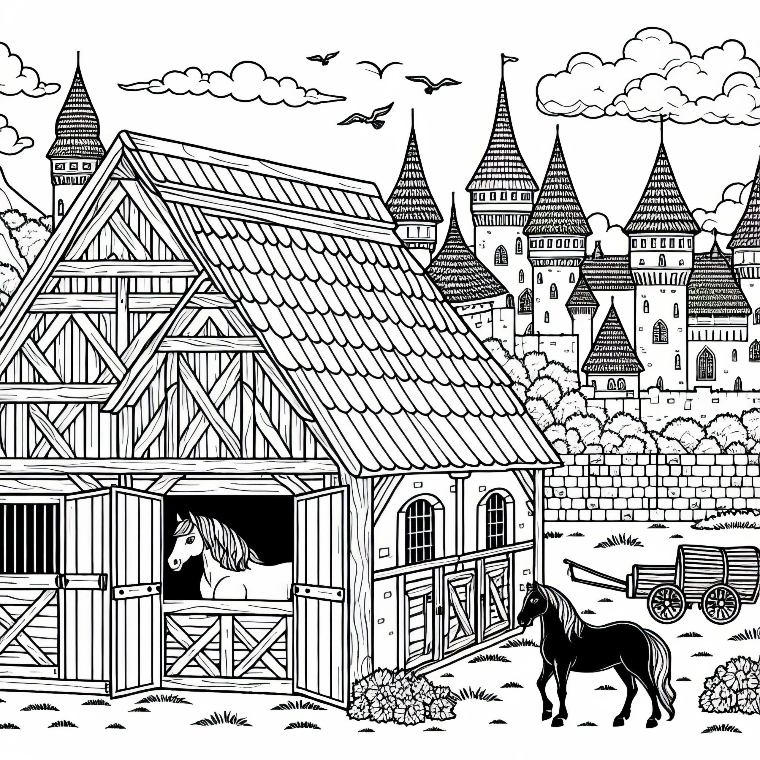 Pferdestall innerhalb der Burgmauern Malvorlage Kostenlos (Ausmalbild)