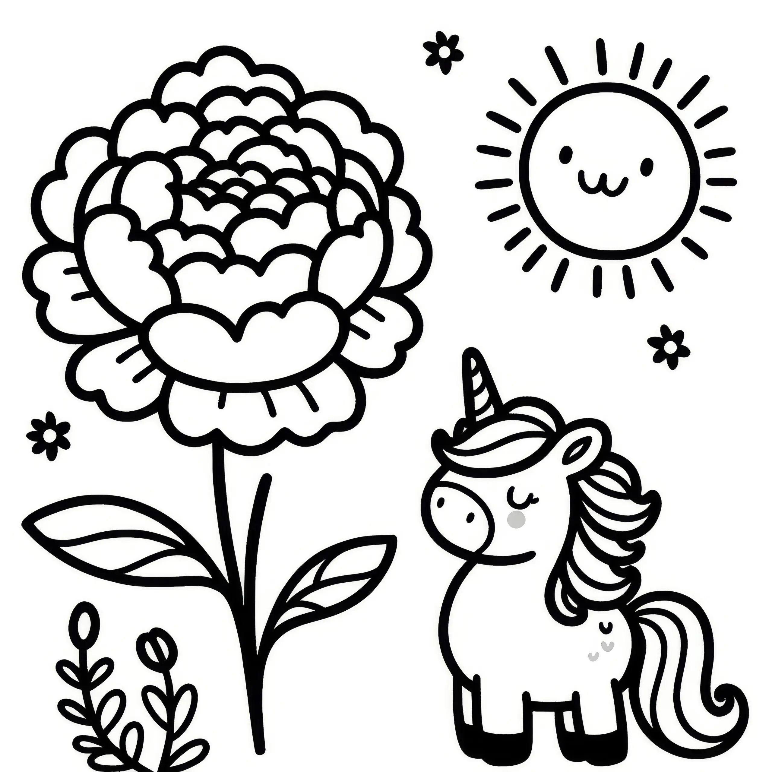 Pfingstrose, niedliches Einhorn und Sonne: Deine Malvorlage zum Download (Gratis) (Ausmalbild)