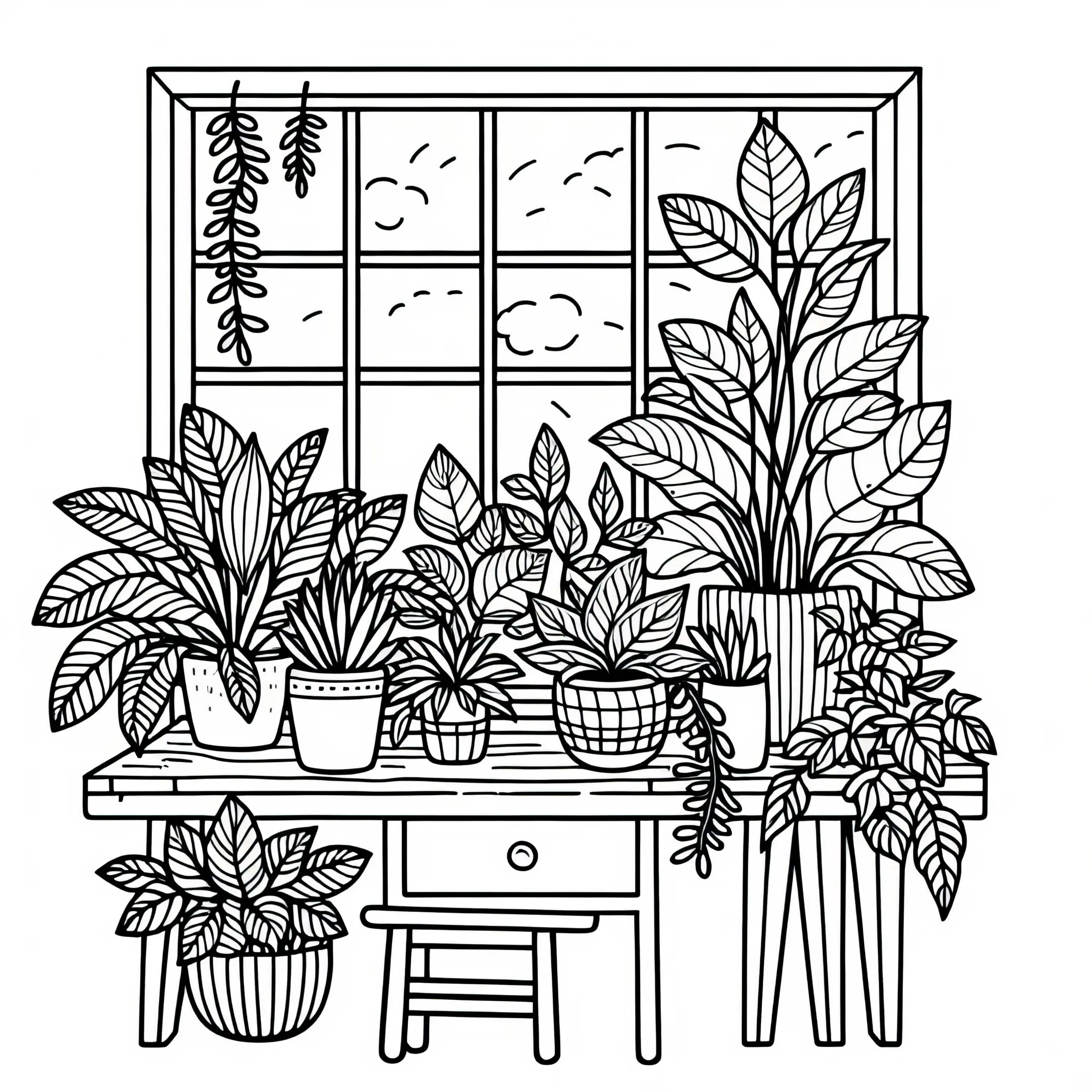 Ausmalbild von Zimmerpflanzen auf der Fensterbank kostenlos herunterladen