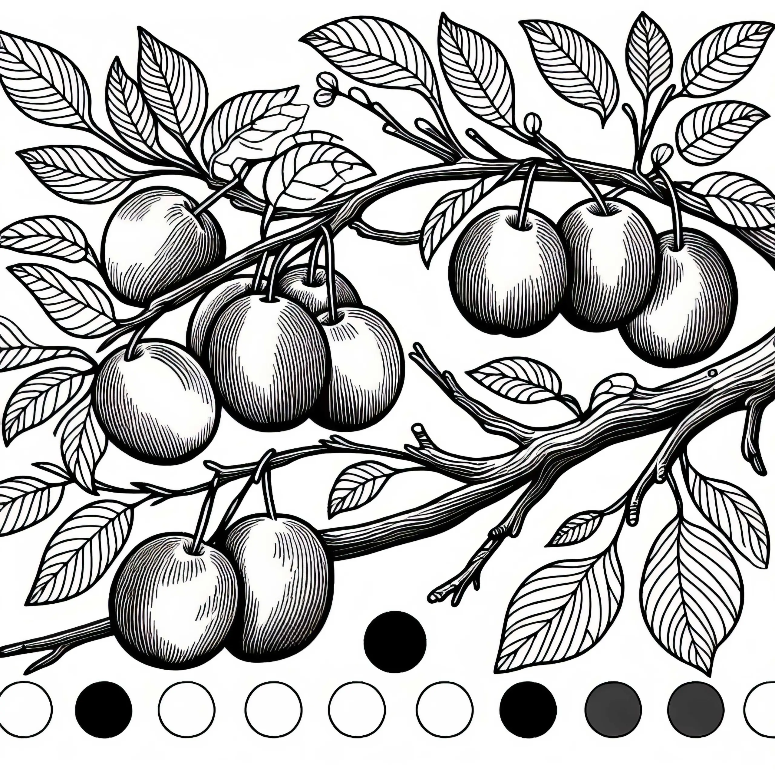 Pflaumen am Pflaumenbaum – Malvorlage kostenlos (Ausmalbild)