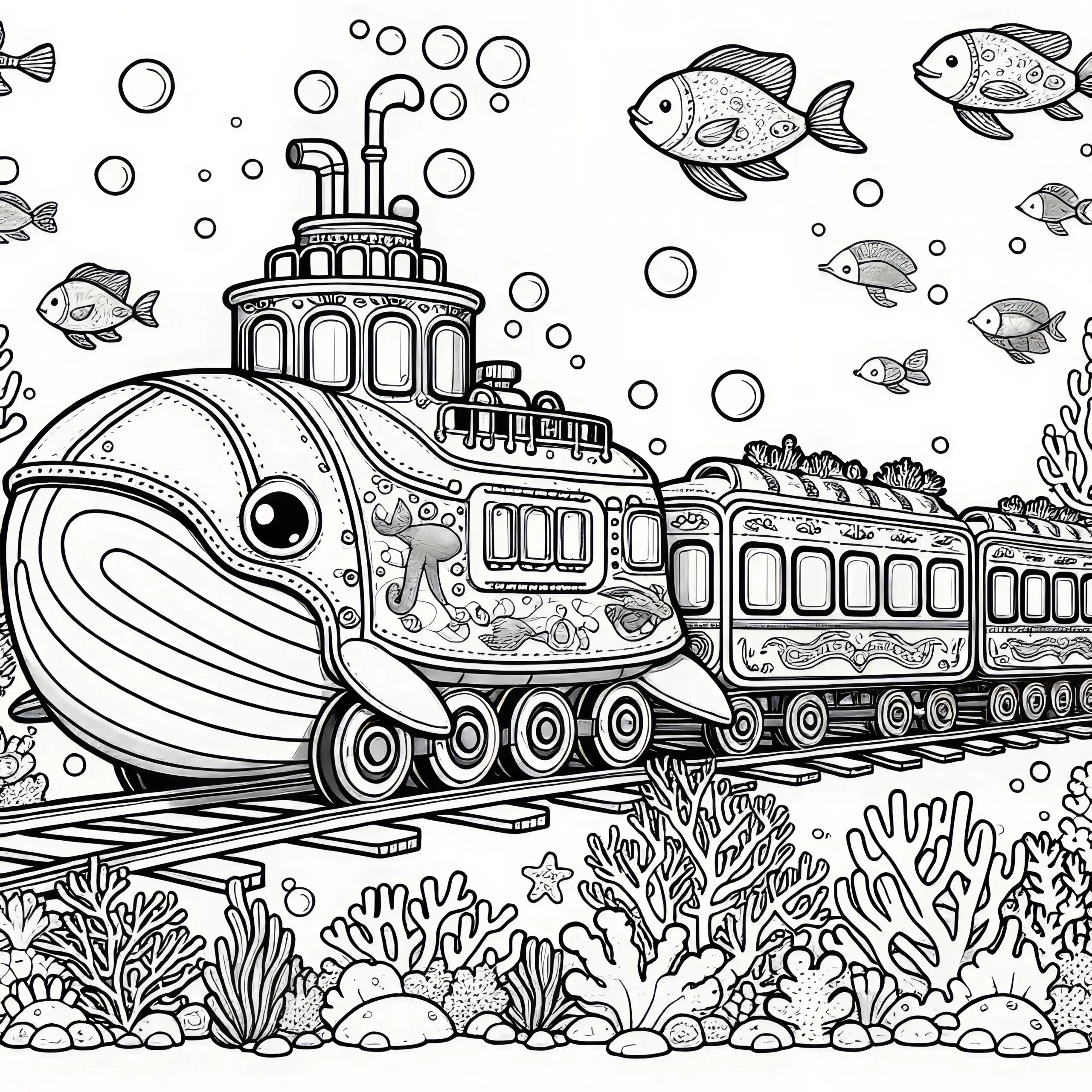Phantasievoller Unterwasserzug: Ausmalbild für Kinder zum Download (Gratis)