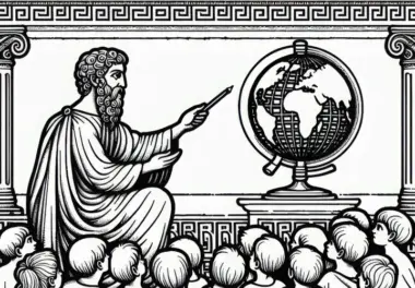 Philosoph erklärt neugierigen Kindern mithilfe eines Globus das Weltbild – Malvorlage Griechische Antike