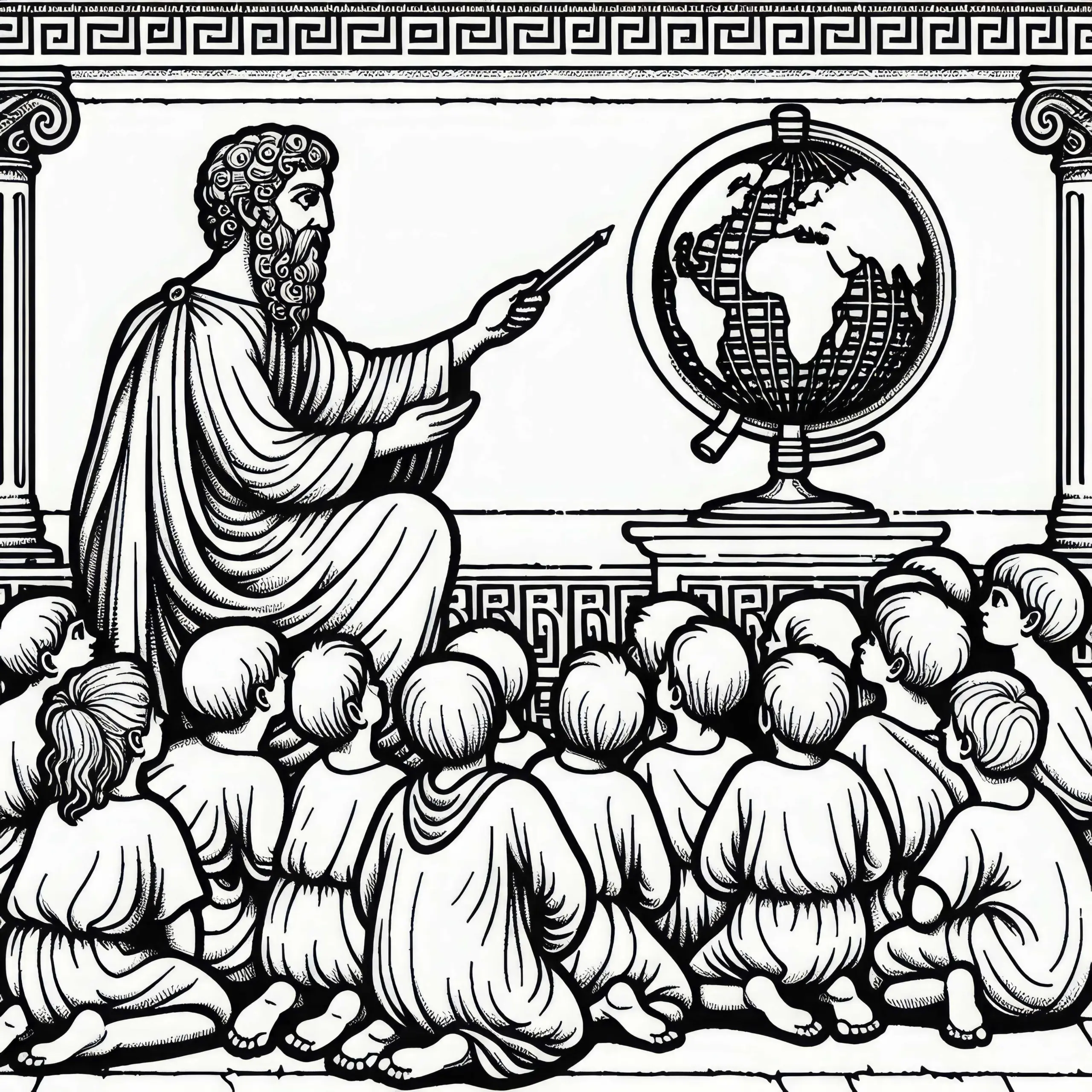 Philosoph erklärt neugierigen Kindern mithilfe eines Globus das Weltbild – Malvorlage Griechische Antike (Ausmalbild)
