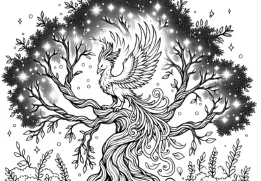 Phoenix sitzt auf verwunschene Baum – Ausmalbild gratis