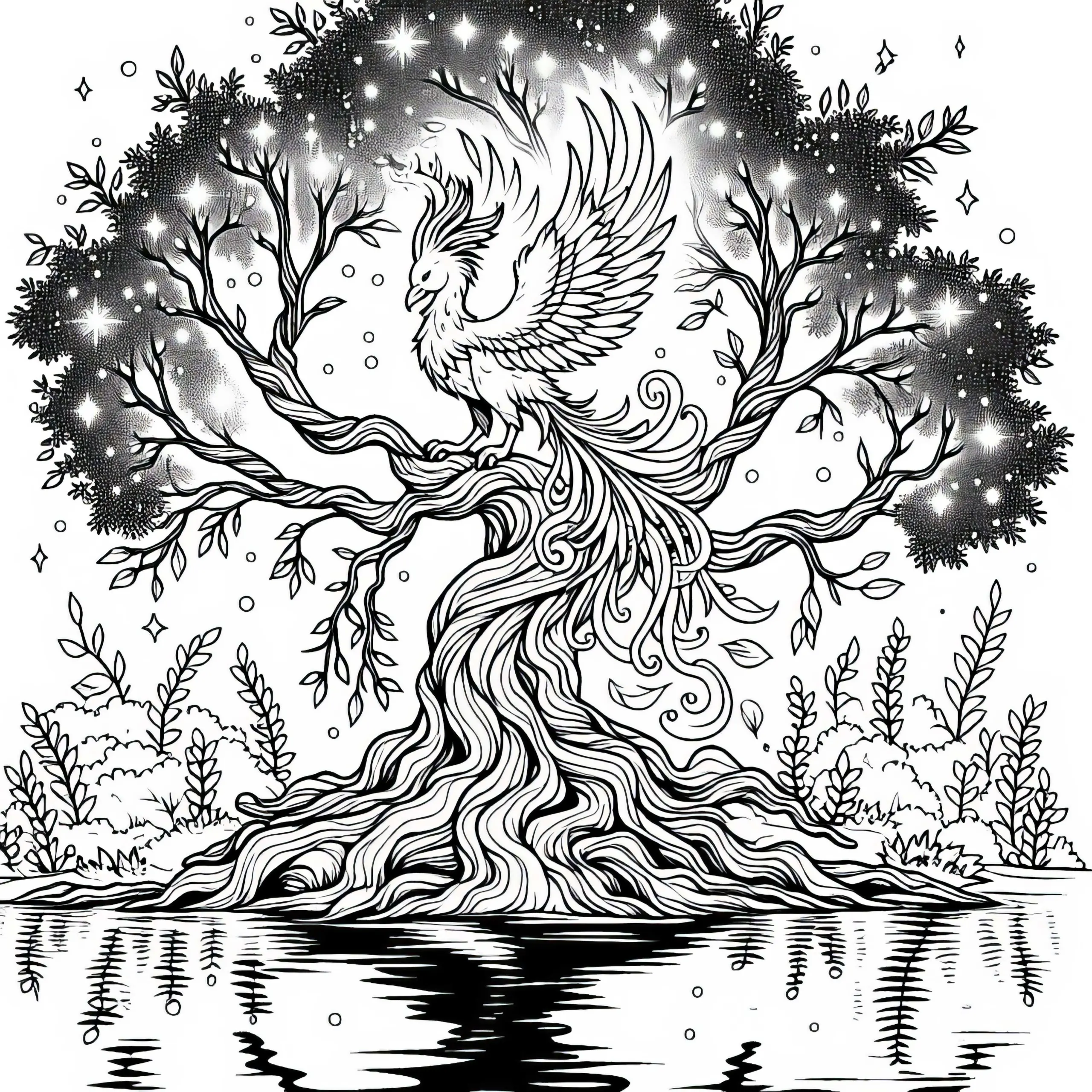 Phoenix sitzt auf verwunschene Baum – Ausmalbild gratis