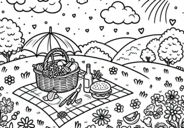 Picknick auf Blumenwiese als Ausmalbild gratis herunterladen