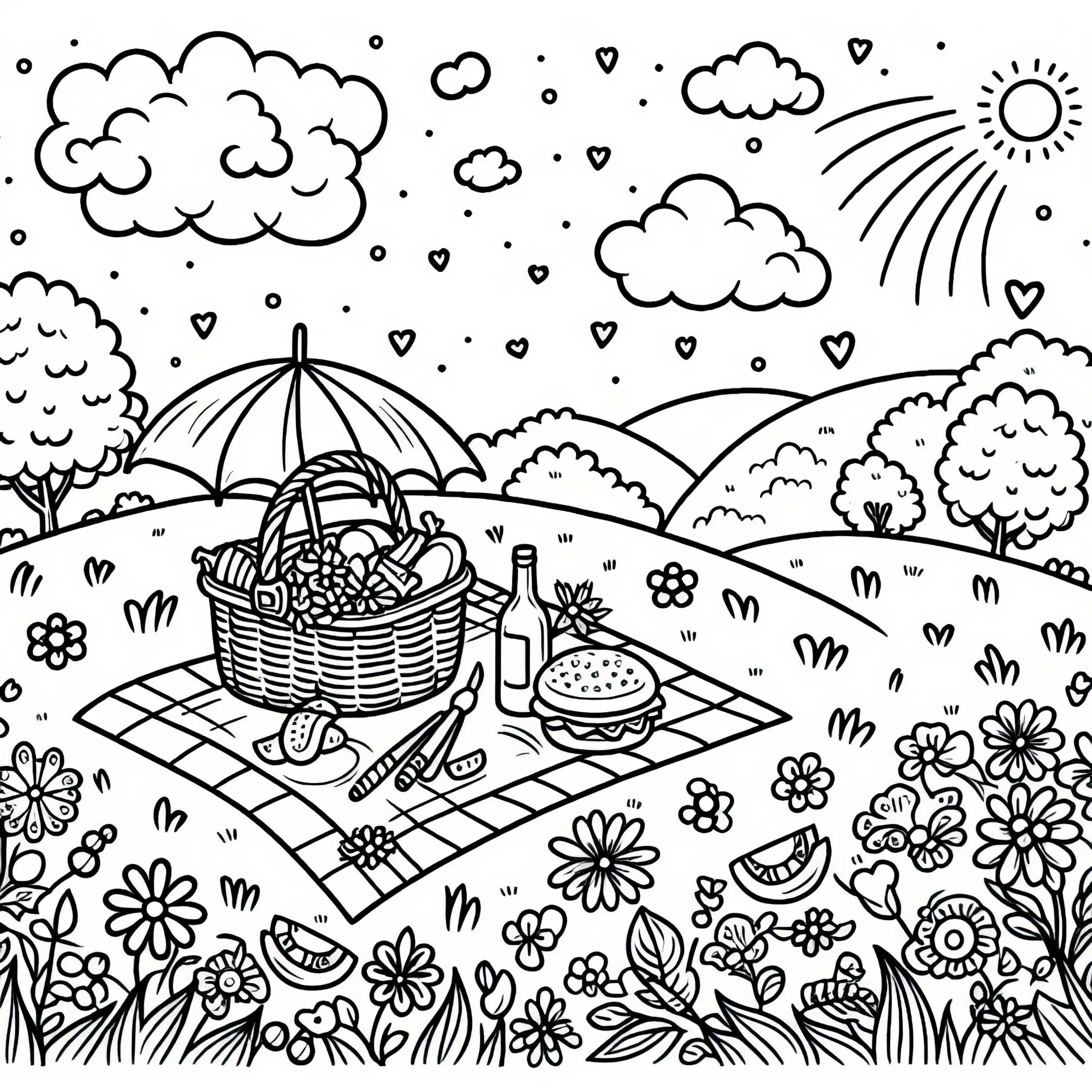 Picknick auf Blumenwiese als Ausmalbild gratis herunterladen