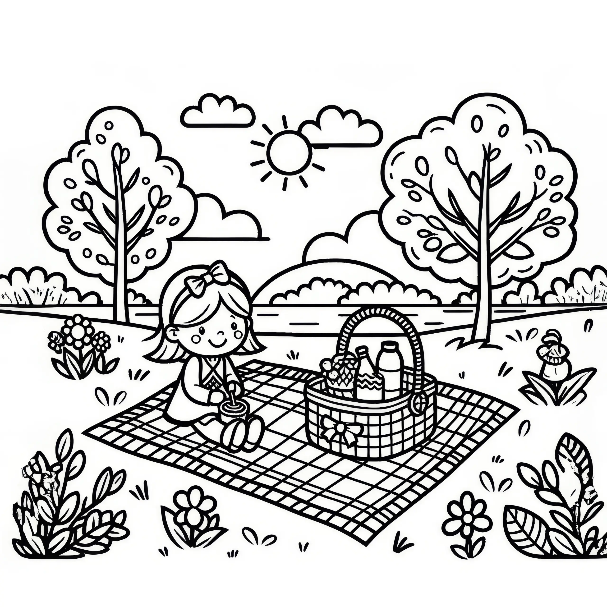 Picknick im Freien mit Decke und Körbchen im April: Malvorlage zum Herunterladen (Kostenlos) (Ausmalbild)
