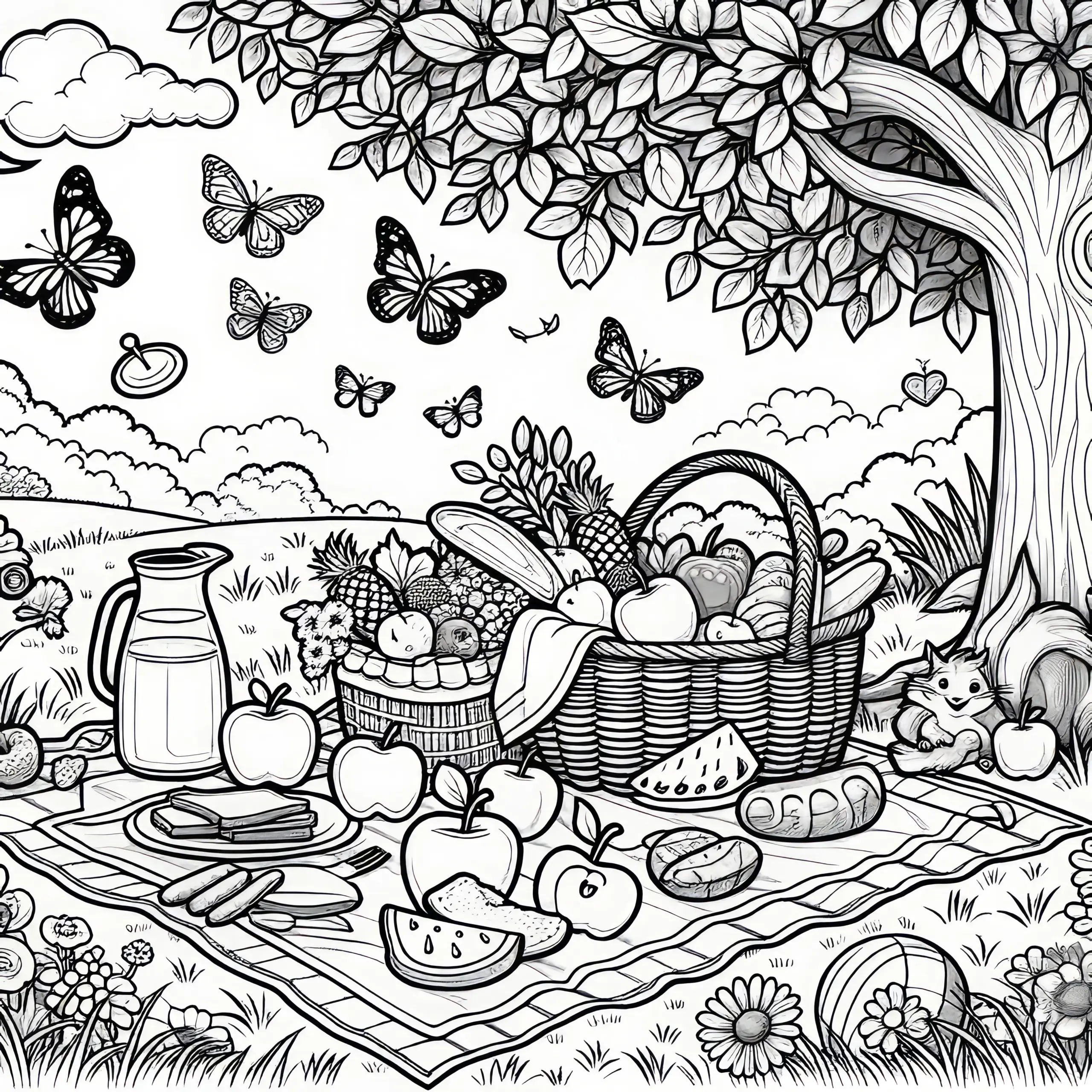 Picknick im Park im Sommer: Ausmalbild zum Download (Gratis)