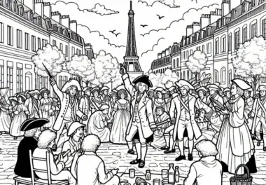 Picknick nach dem Sturm der Bastille – Ausmalbild zur Französischen Revolution kostenlos