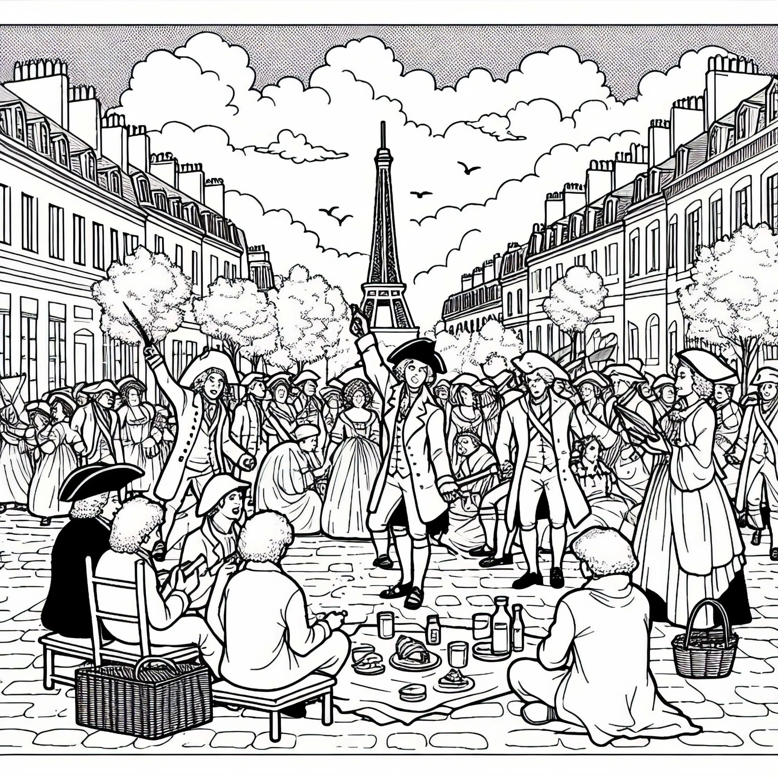 Picknick nach dem Sturm der Bastille – Ausmalbild zur Französischen Revolution kostenlos