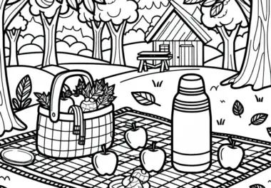 Picknickdecke im Wald mit Thermoskanne und Äpfeln – Ausmalbild für Herbst