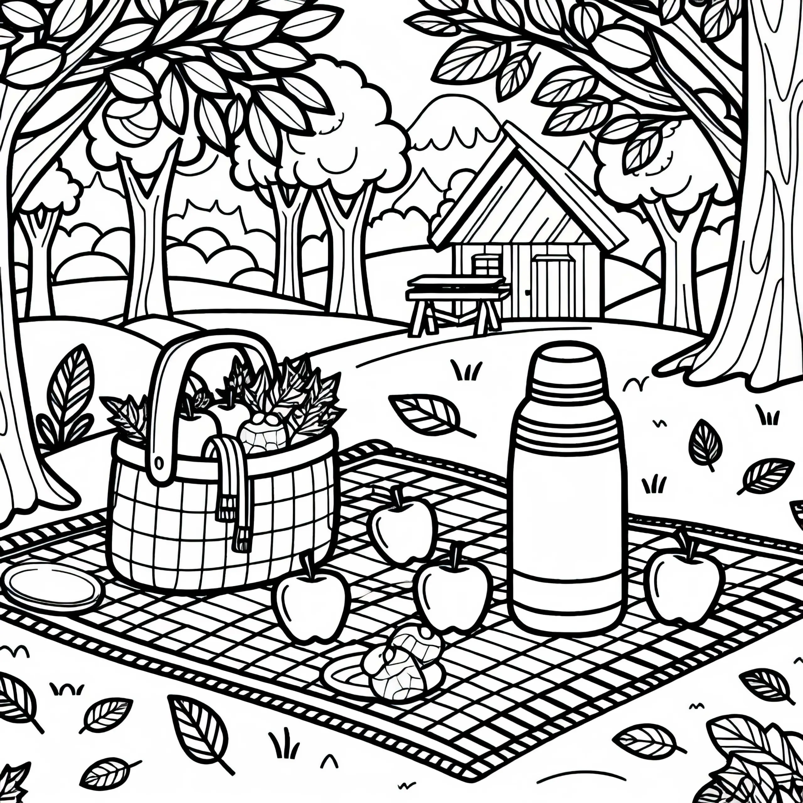 Picknickdecke im Wald mit Thermoskanne und Äpfeln – Ausmalbild für Herbst