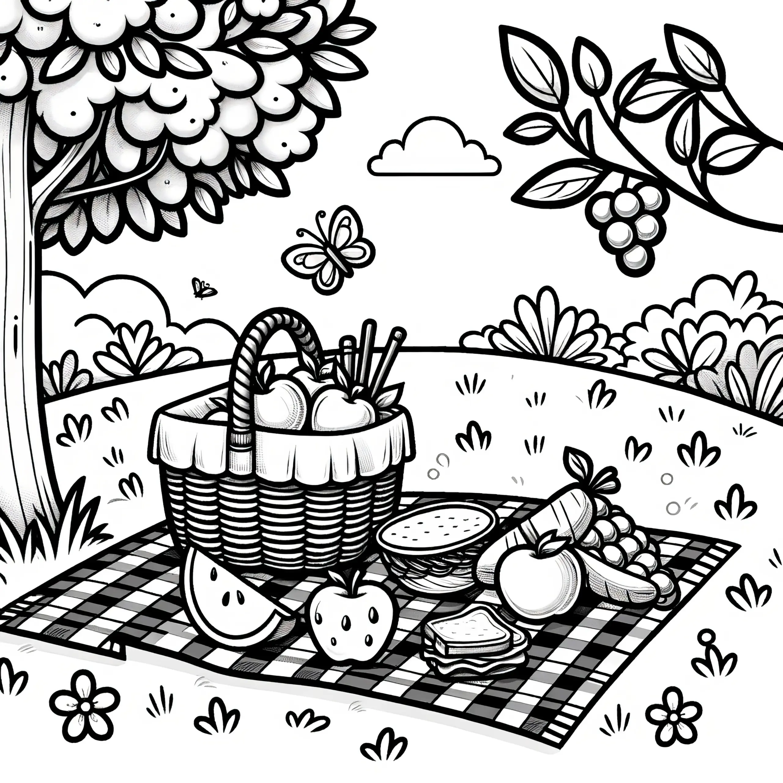 Picknickdecke mit Leckereien im Park: Malvorlage zum Herunterladen (Kostenlos) (Ausmalbild)